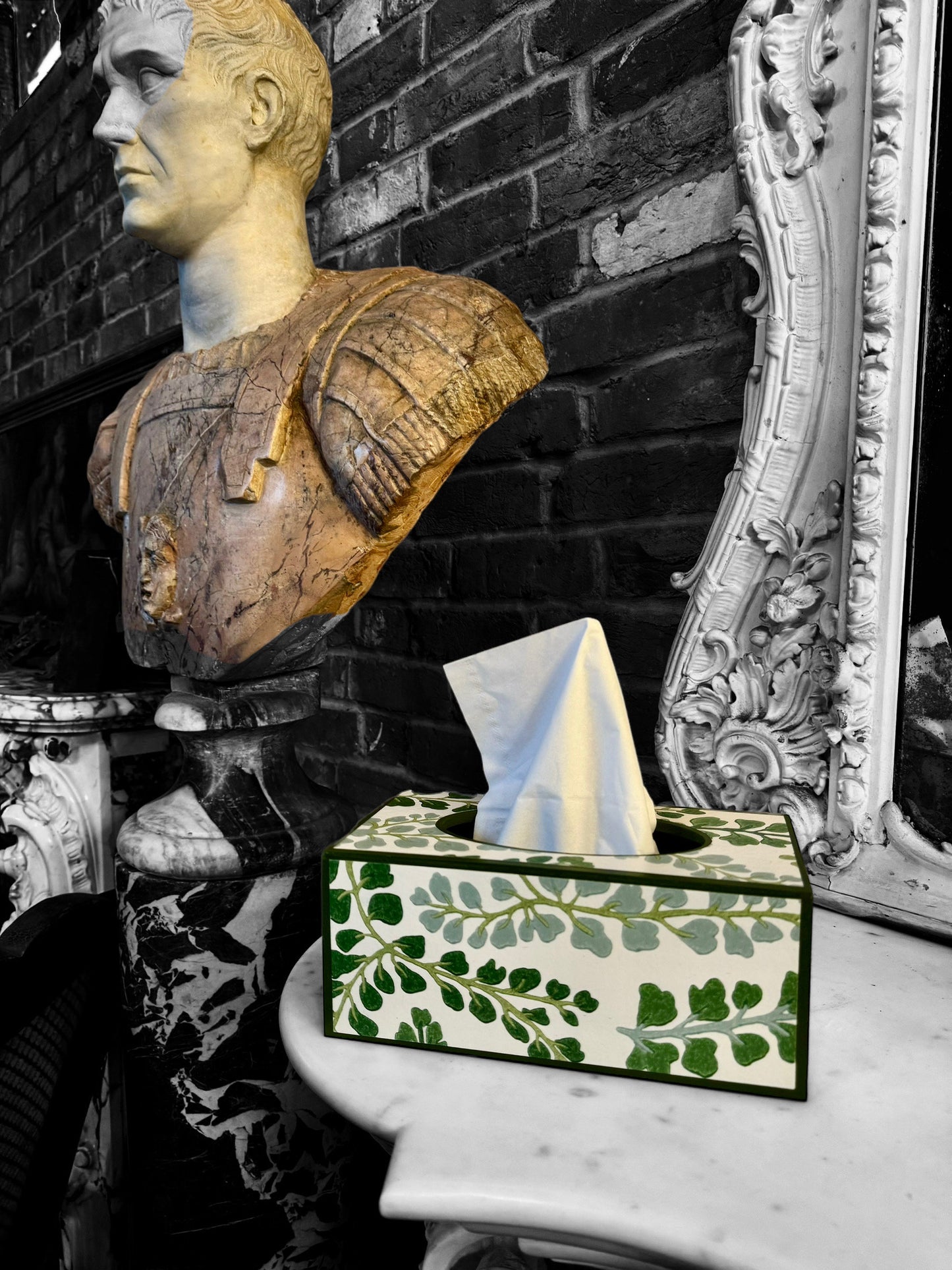 BARNES - rectangle tissue box cover - Decoupage in Fayola/Harlequin in clover/chalk colour way.