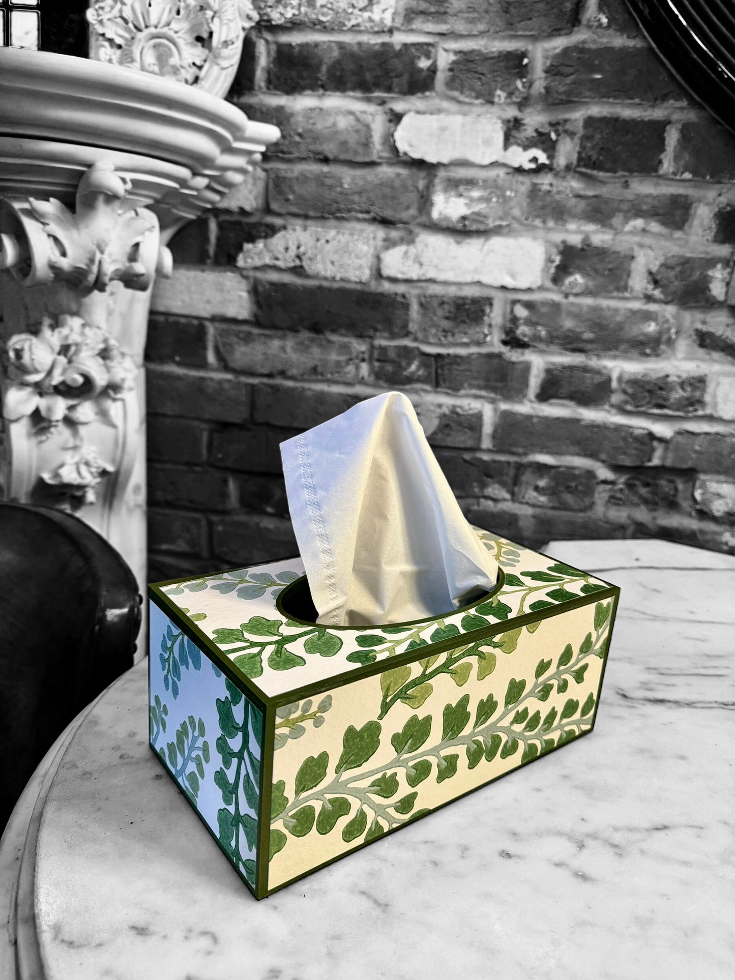 BARNES - rectangle tissue box cover - Decoupage in Fayola/Harlequin in clover/chalk colour way.