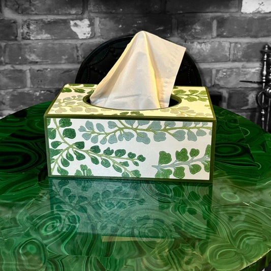 BARNES - rectangle tissue box cover - Decoupage in Fayola/Harlequin in clover/chalk colour way.