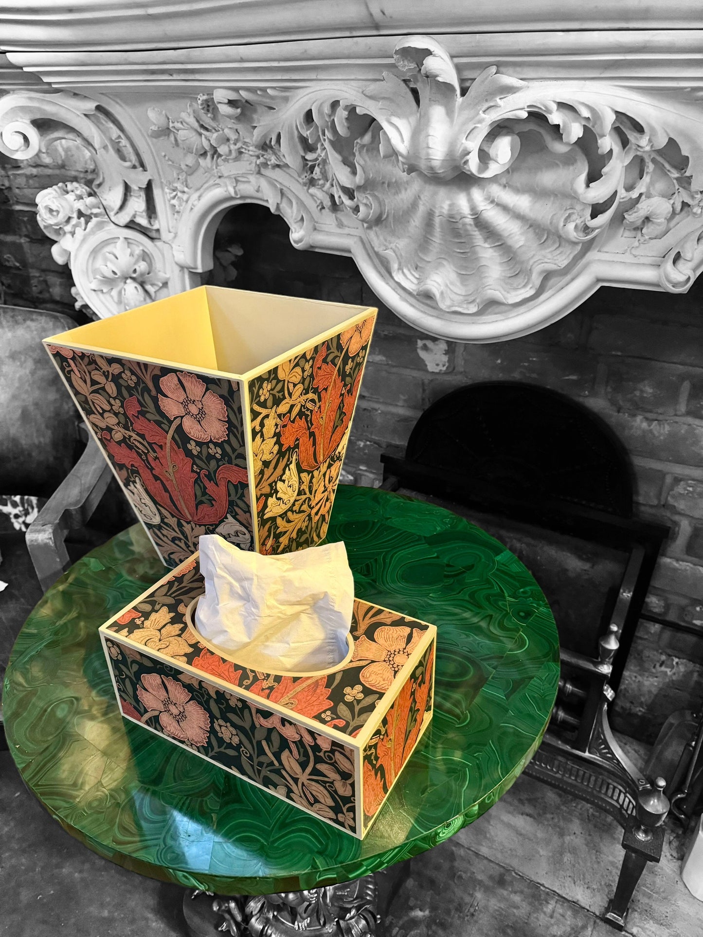 BELGRAVIA - waste paper bin & rectangle tissue box cover - Decoupage in Compton/Morris & Co in burnt orange/brown colourway