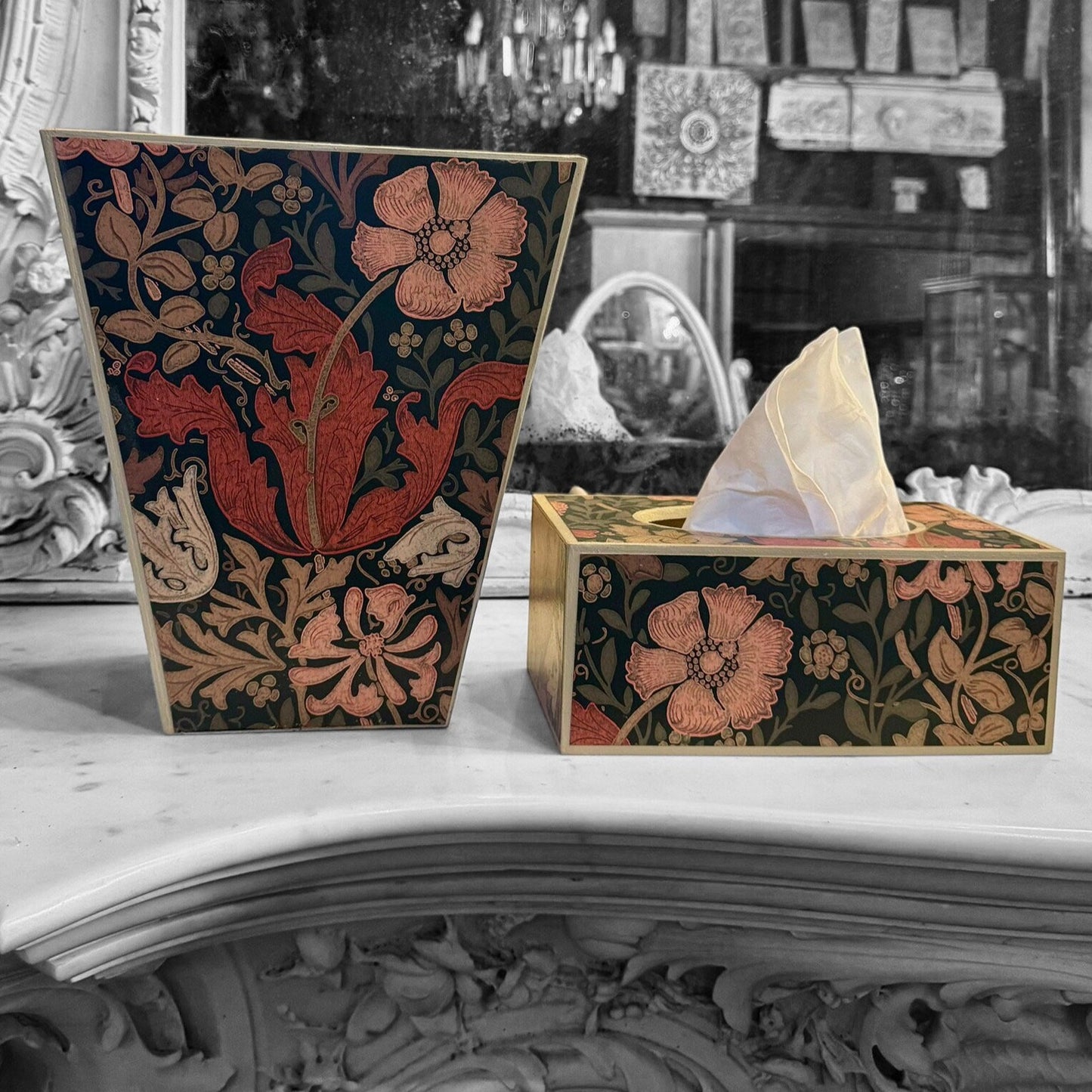 BELGRAVIA - waste paper bin & rectangle tissue box cover - Decoupage in Compton/Morris & Co in burnt orange/brown colourway