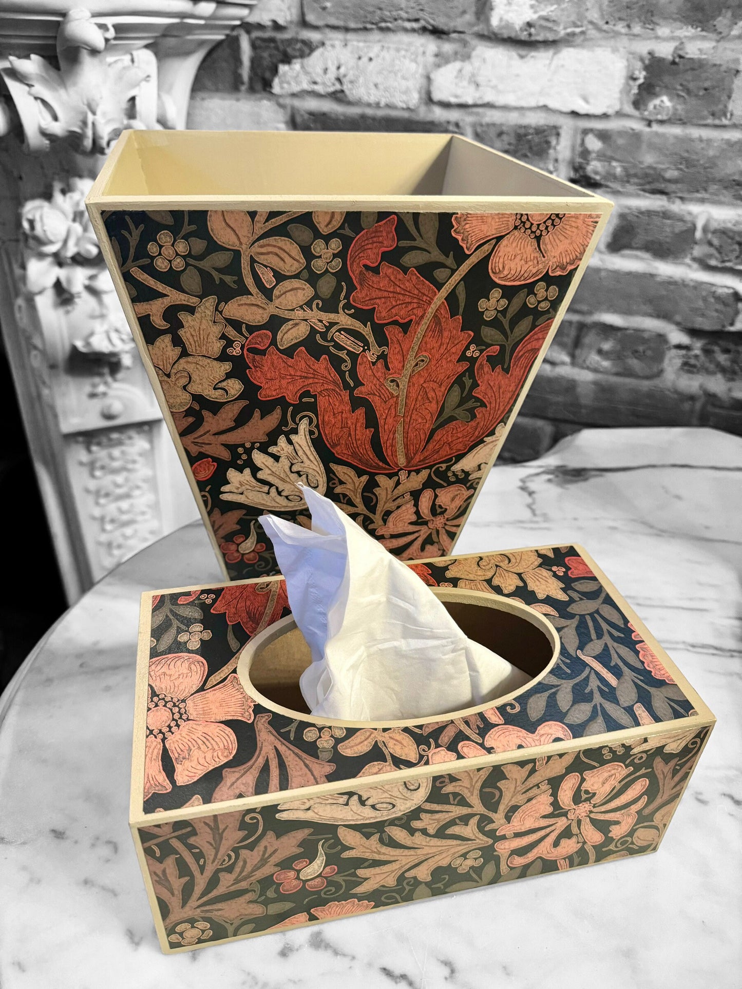 BELGRAVIA - waste paper bin & rectangle tissue box cover - Decoupage in Compton/Morris & Co in burnt orange/brown colourway