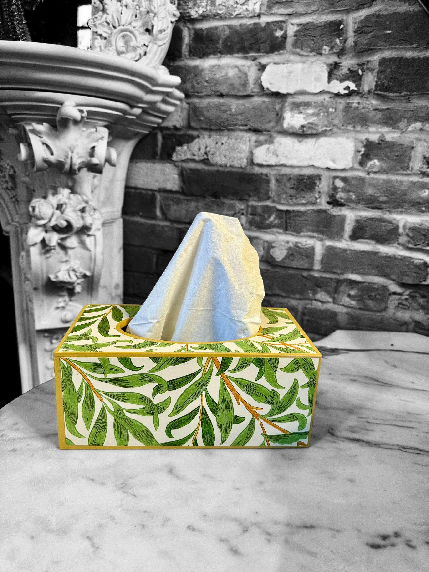 BROADSTAIRS - Rectangle tissue box cover - Decoupage in Willow Boughs Cornubia/Morris & Co in green colourway..