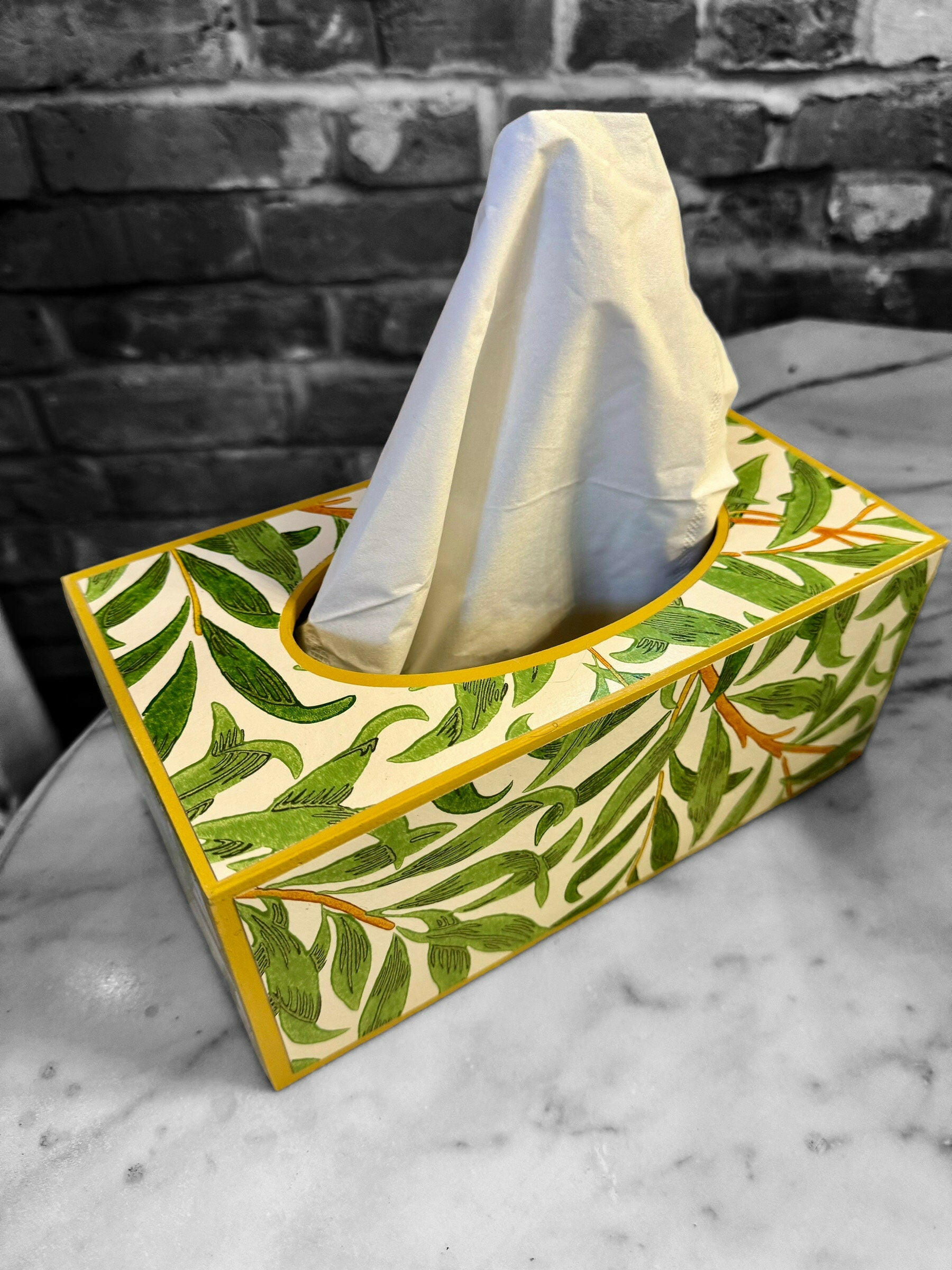 BROADSTAIRS - Rectangle tissue box cover - Decoupage in Willow Boughs Cornubia/Morris & Co in green colourway..