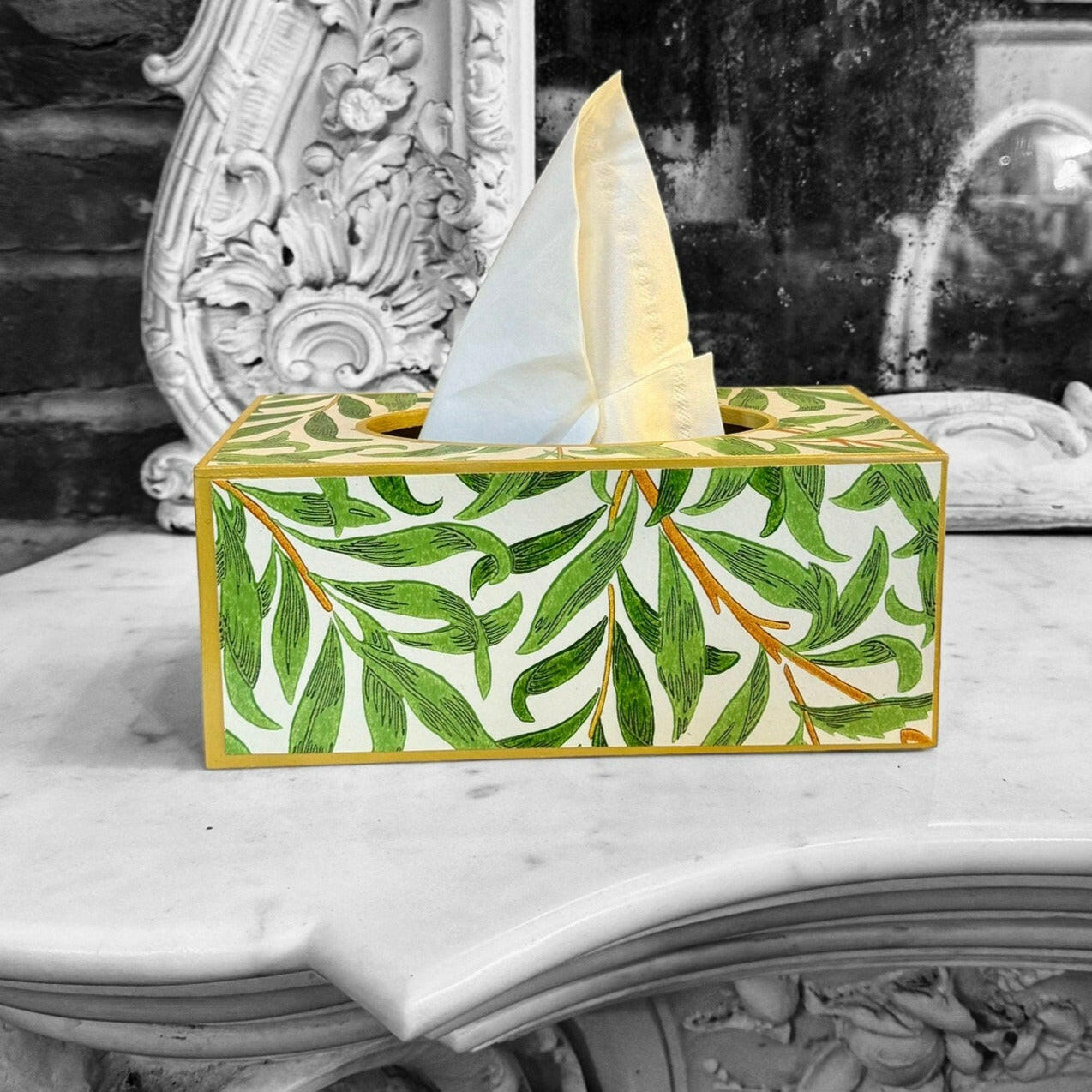 BROADSTAIRS - Rectangle tissue box cover - Decoupage in Willow Boughs Cornubia/Morris & Co in green colourway..