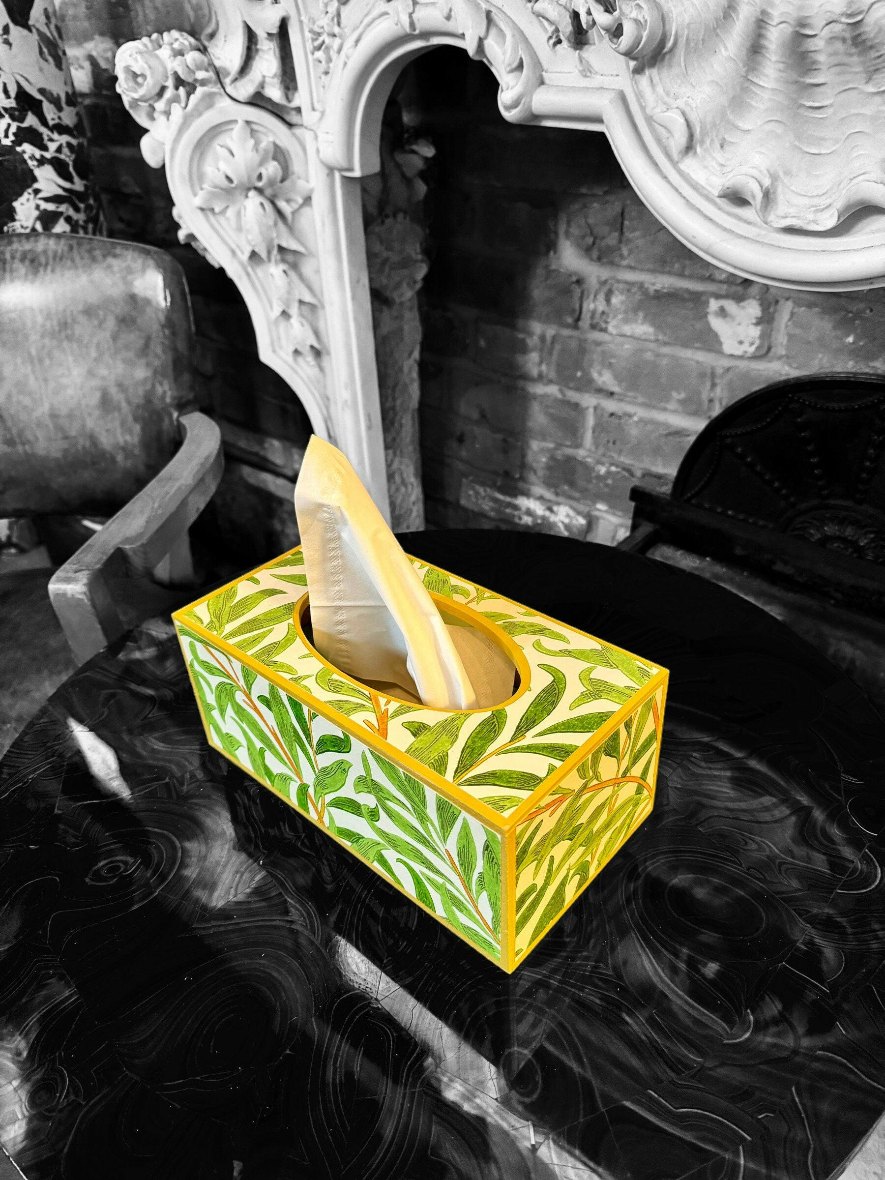 BROADSTAIRS - Rectangle tissue box cover - Decoupage in Willow Boughs Cornubia/Morris & Co in green colourway..