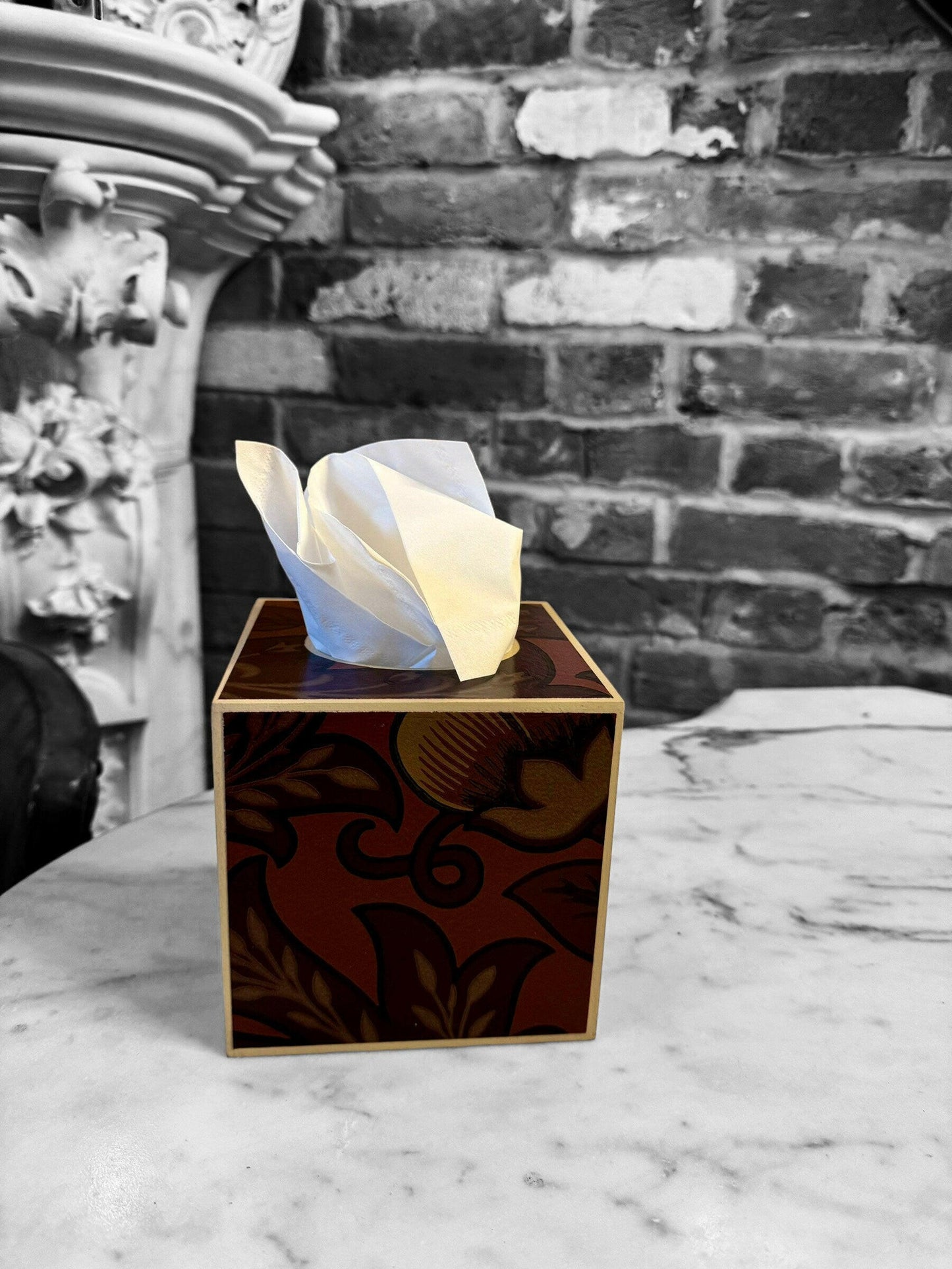 CAMDEN - Square tissue box cover - Decoupage in Artichoke/Morris & Co/Sanderson in wine colourway.