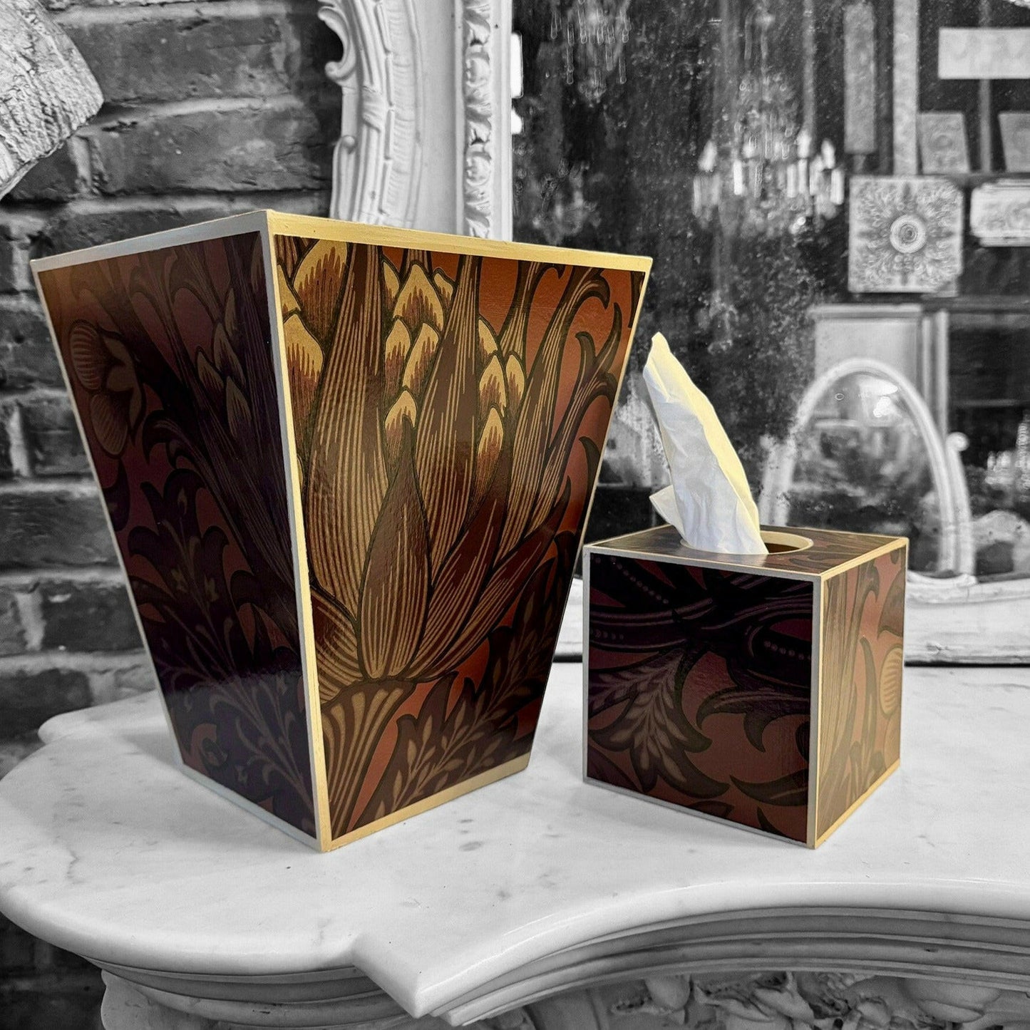 CAMDEN - Waste paper bin & square tissue box cover - Decoupage in Artichoke/Morris & Co/Sanderson in wine colourway.