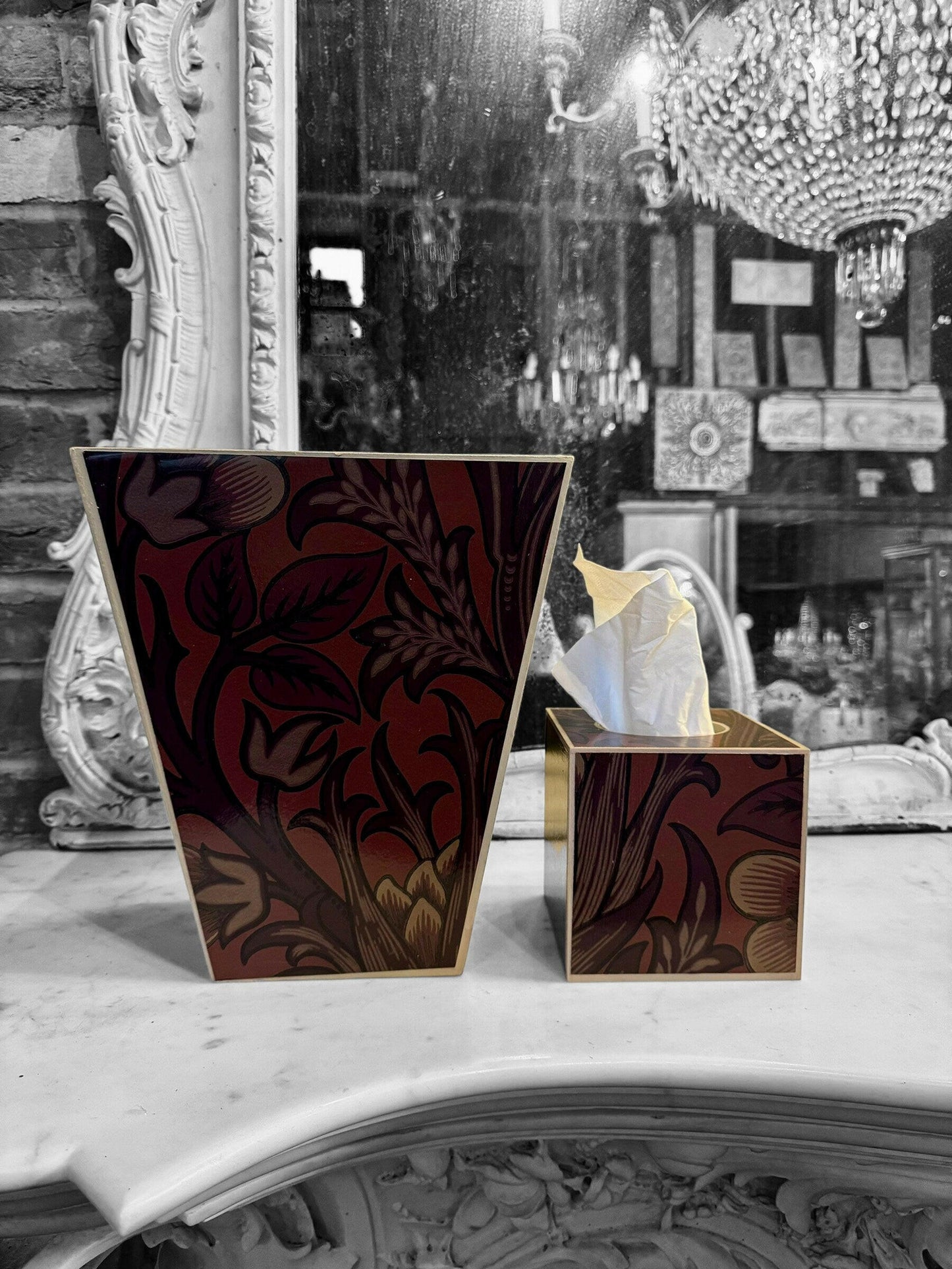 CAMDEN - Waste paper bin & square tissue box cover - Decoupage in Artichoke/Morris & Co/Sanderson in wine colourway.