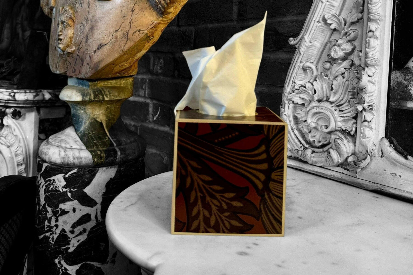 CAMDEN - Square tissue box cover - Decoupage in Artichoke/Morris & Co/Sanderson in wine colourway.