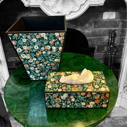 CARNABY - Waste paper bin & rectangle tissue box cover - Decoupage in Liberty London/Wiltshire in Lechen colourway.