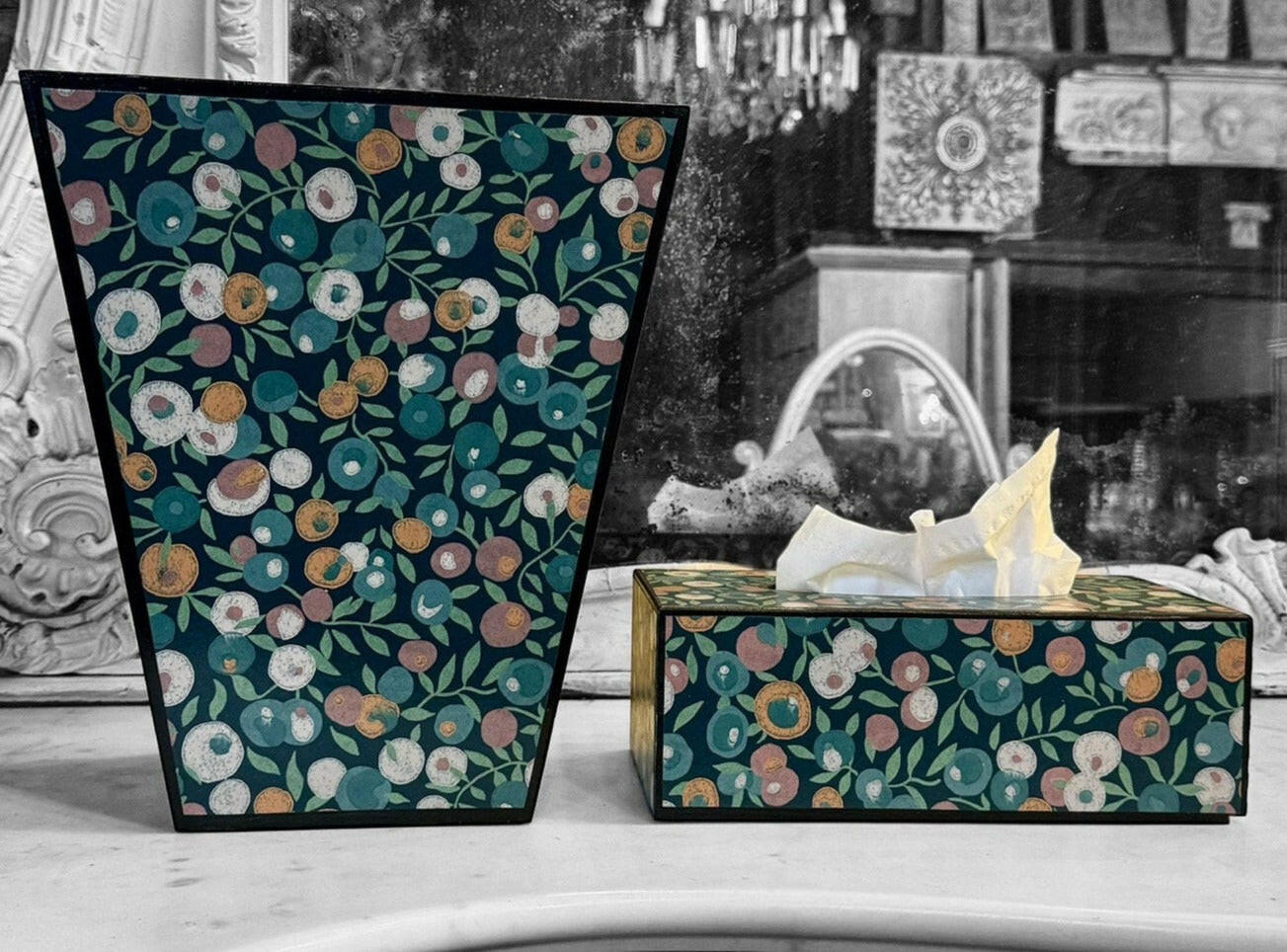 CARNABY - Waste paper bin & rectangle tissue box cover - Decoupage in Liberty London/Wiltshire in Lechen colourway.