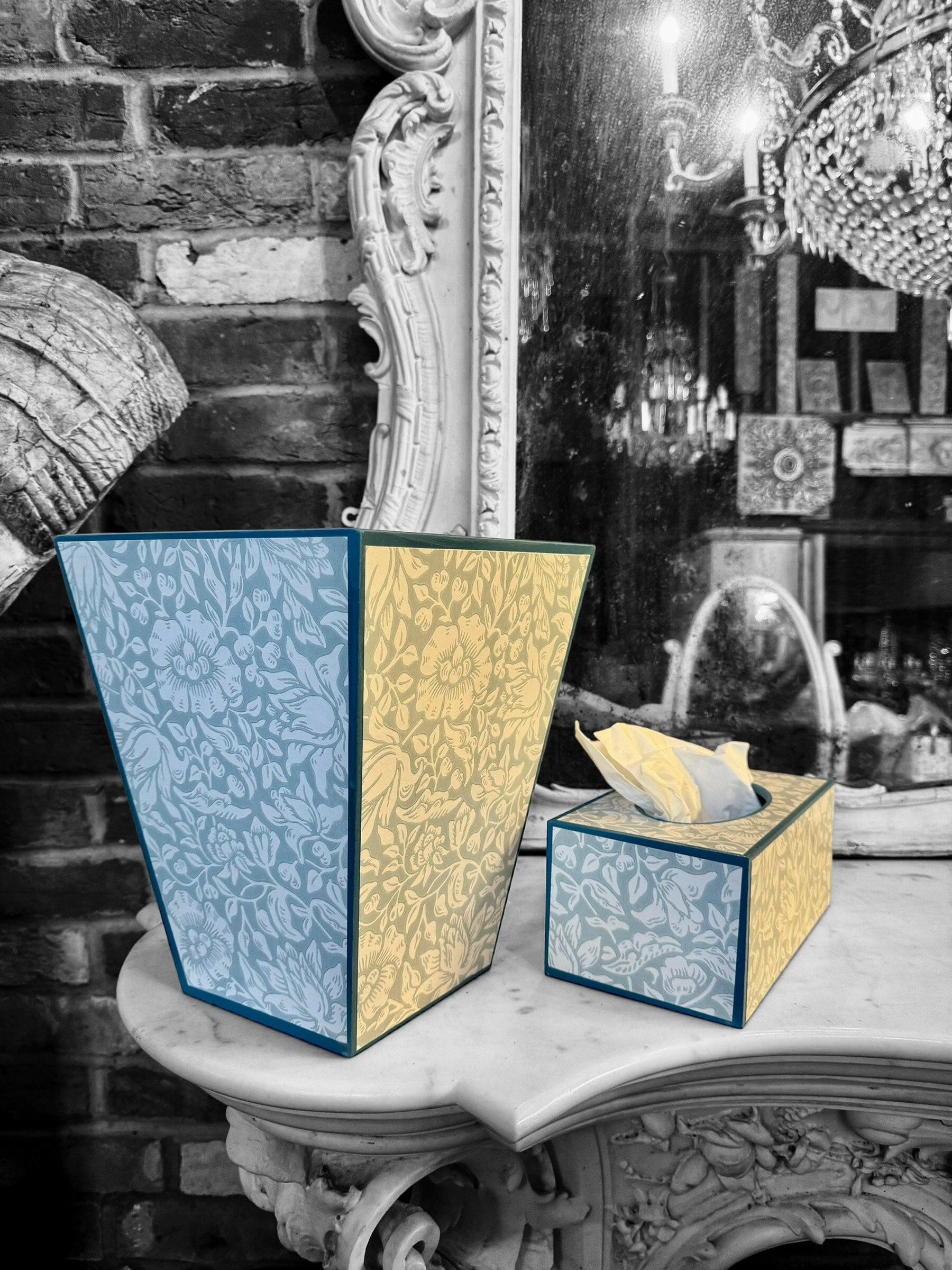 CHELSEA - Waste paper bin & rectangle tissue box cover - Decoupage in Mallow/Morris & Co in Chalk/Duck Egg colour way..