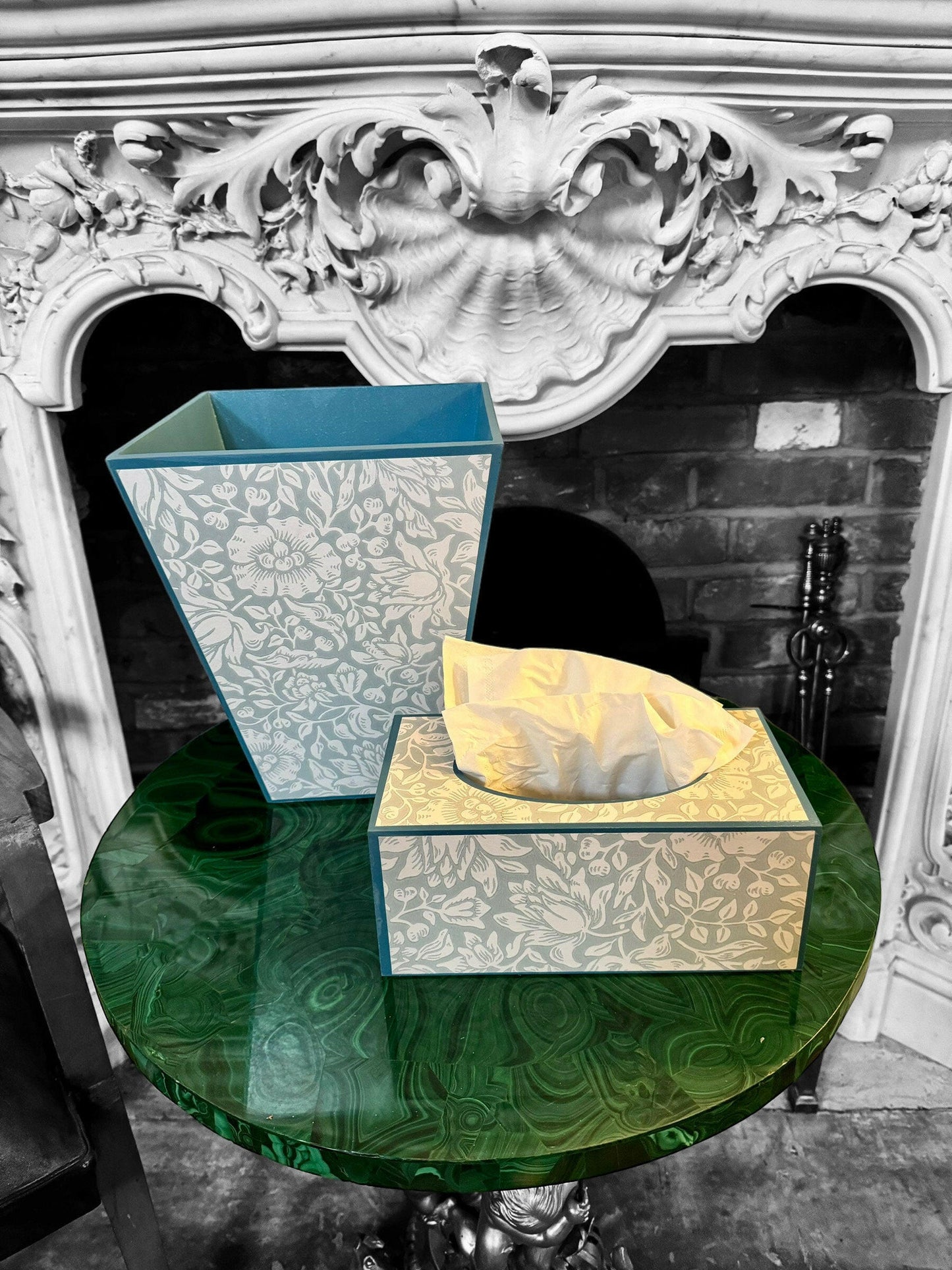 CHELSEA - Waste paper bin & rectangle tissue box cover - Decoupage in Mallow/Morris & Co in Chalk/Duck Egg colour way..