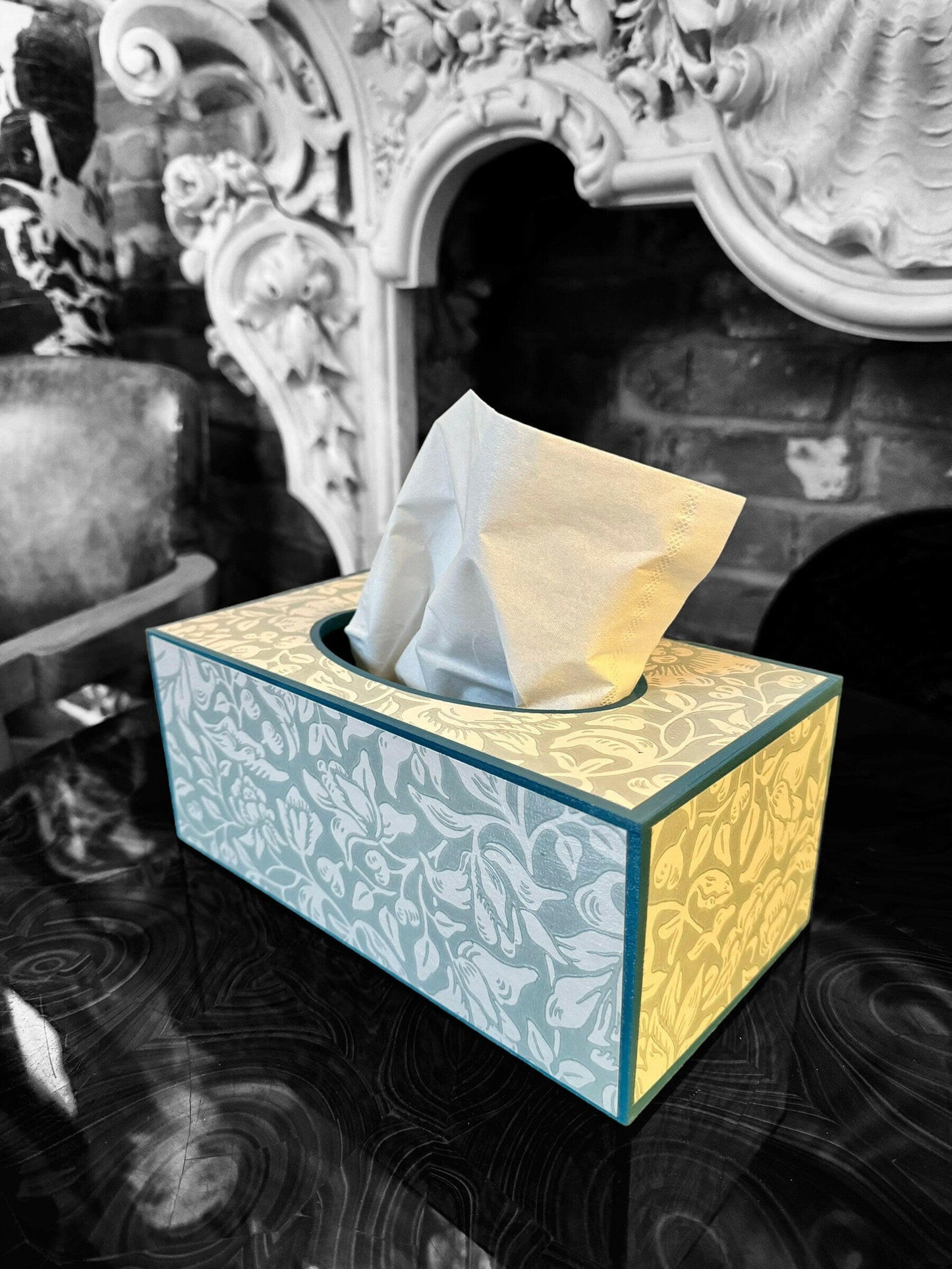 CHELSEA - Rectangle tissue box cover - Decoupage in Mallow/Morris & Co in Chalk/Duck Egg colour way..