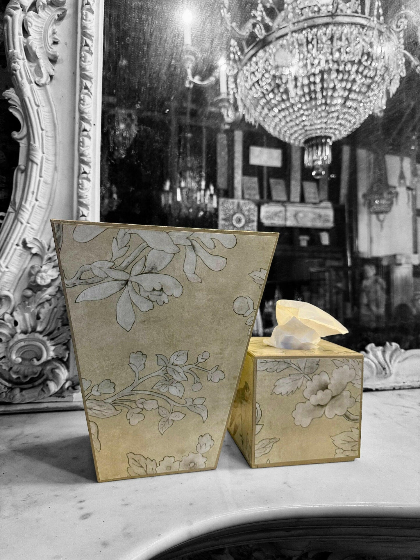 CHISWICK - Waste paper bin & square tissue box holder - Decoupage in Chiswick Grove Grove/Sanderson in gold colourway..