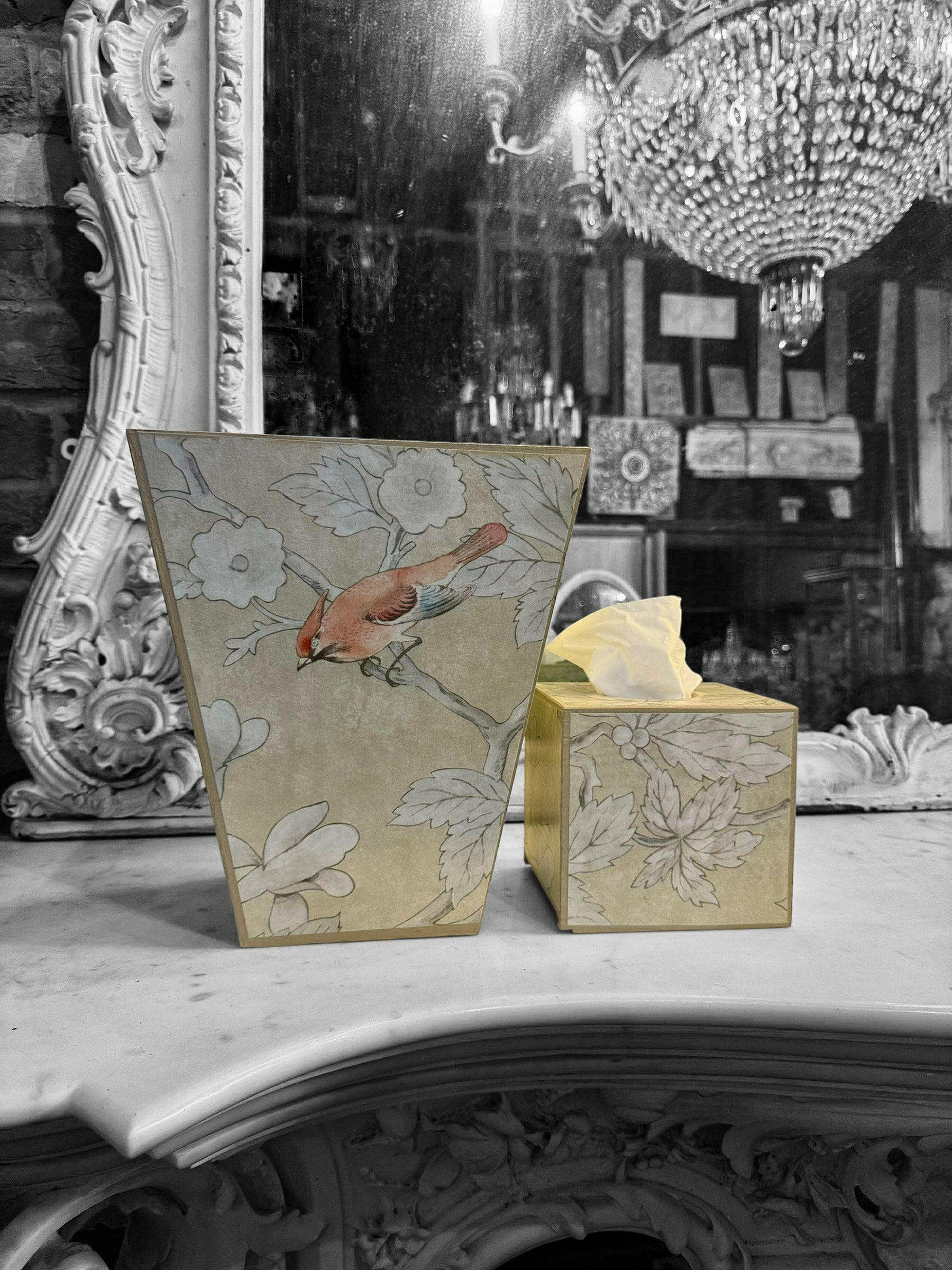 CHISWICK - Waste paper bin & square tissue box holder - Decoupage in Chiswick Grove Grove/Sanderson in gold colourway..