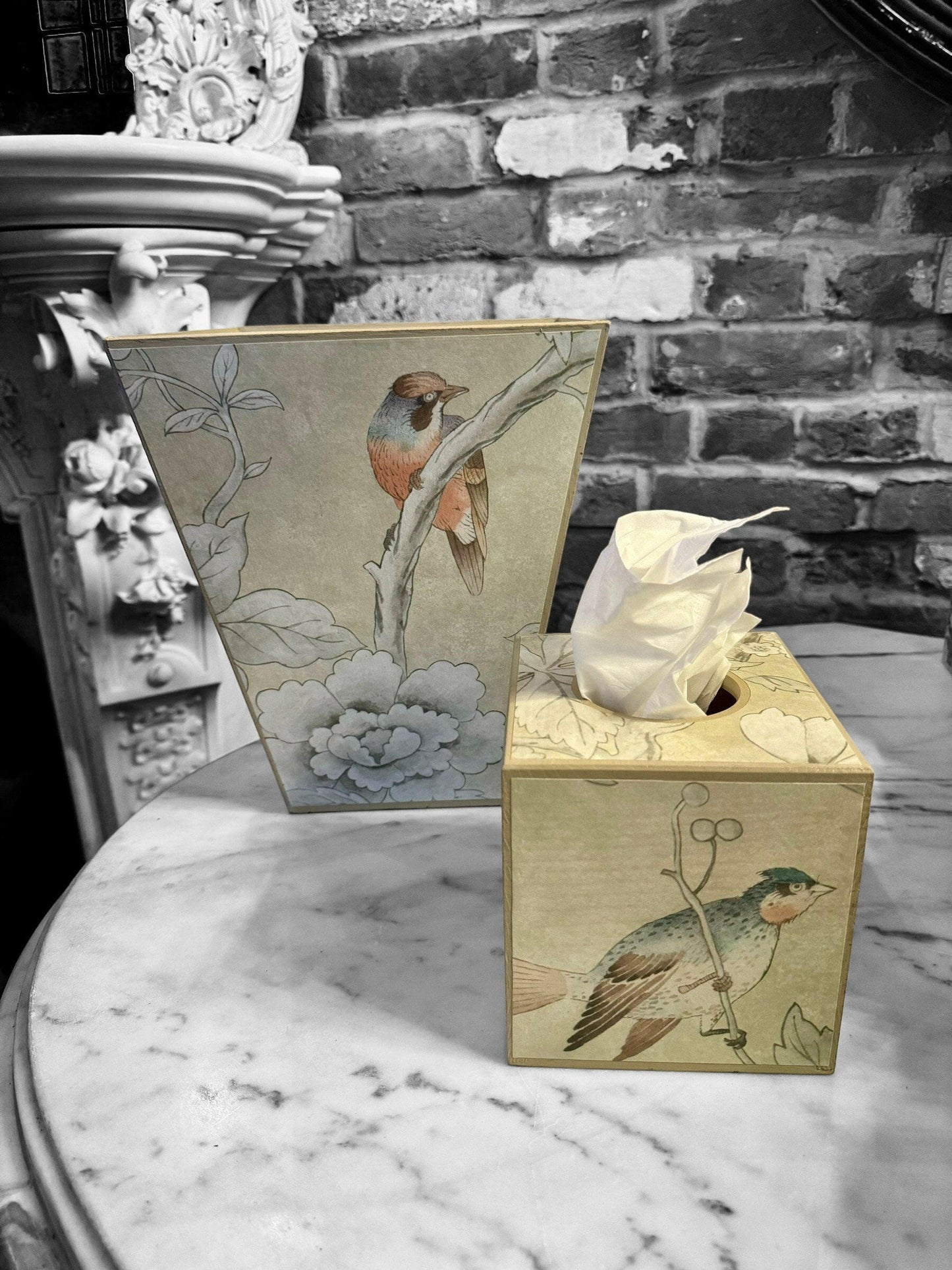 CHISWICK - Waste paper bin & square tissue box holder - Decoupage in Chiswick Grove Grove/Sanderson in gold colourway..