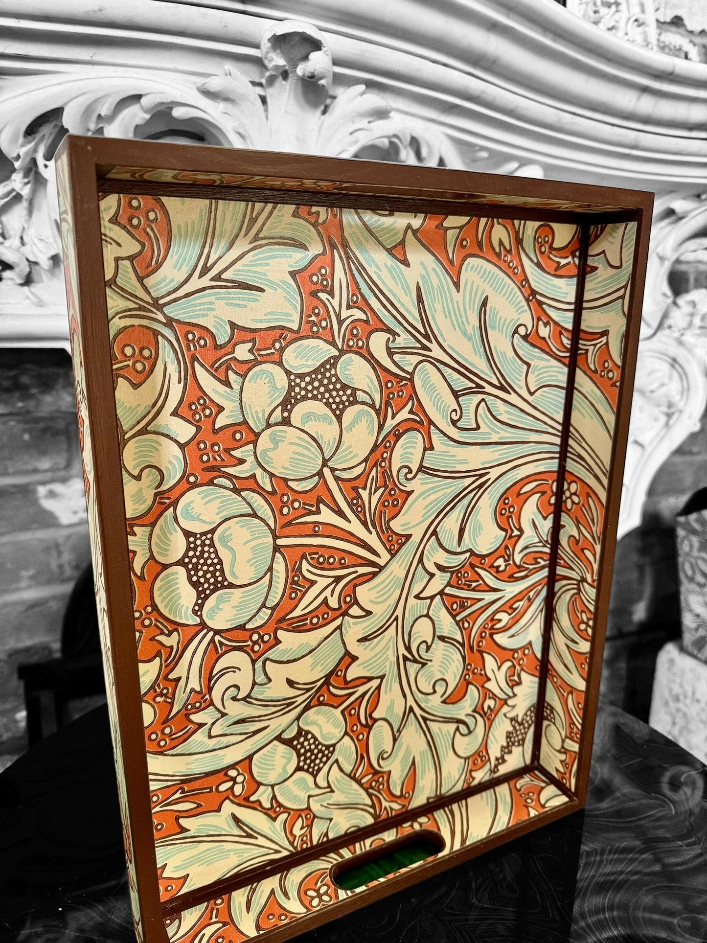 CLERKENWELL **LIMITED EDITION** Medium tray - Decoupaged in Batchelor's Button/Morris &Co - colourway burnt orange/sky..