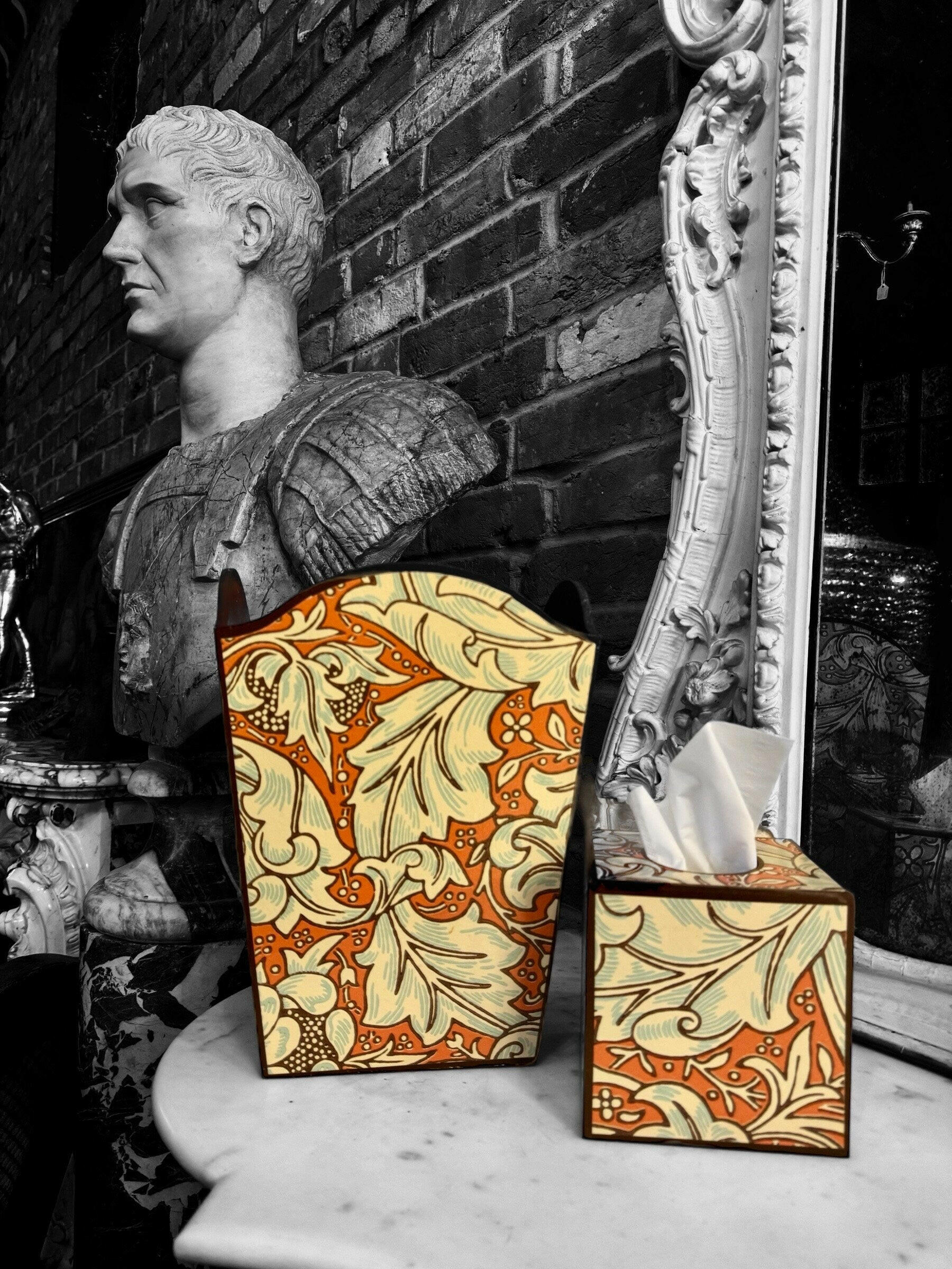 CLERKENWELL **LIMITED EDITION** Waste paper bin & square tissue box cover - Decoupaged in Batchelor's Button/Morris &Co - colourway burnt orange/sky..