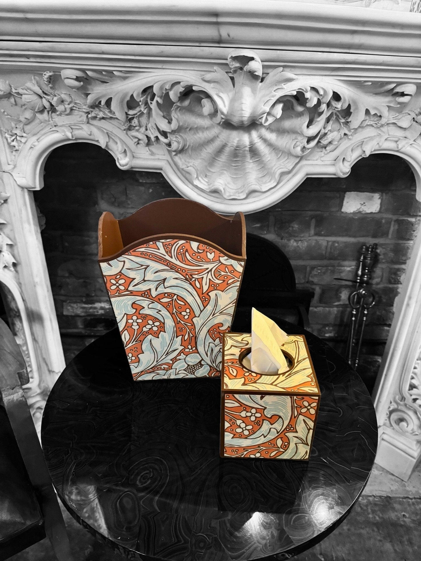 CLERKENWELL **LIMITED EDITION** Waste paper bin & square tissue box cover - Decoupaged in Batchelor's Button/Morris &Co - colourway burnt orange/sky..