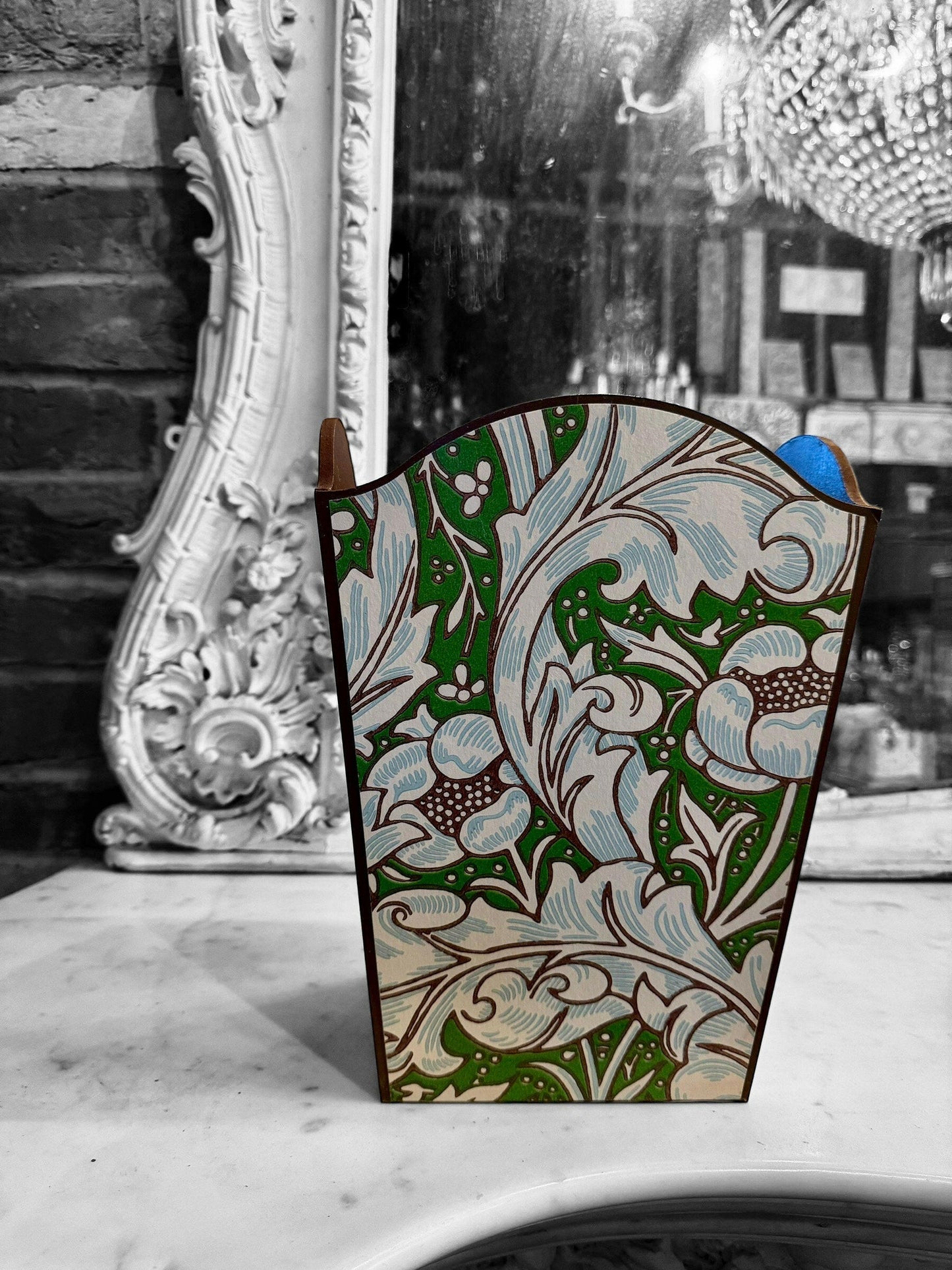 CLERKENWELL **LIMITED EDITION** Waste paper bin & rectangle tissue box cover - Decoupaged in Batchelor's Button/Morris &Co - colourway leaf green/sky..