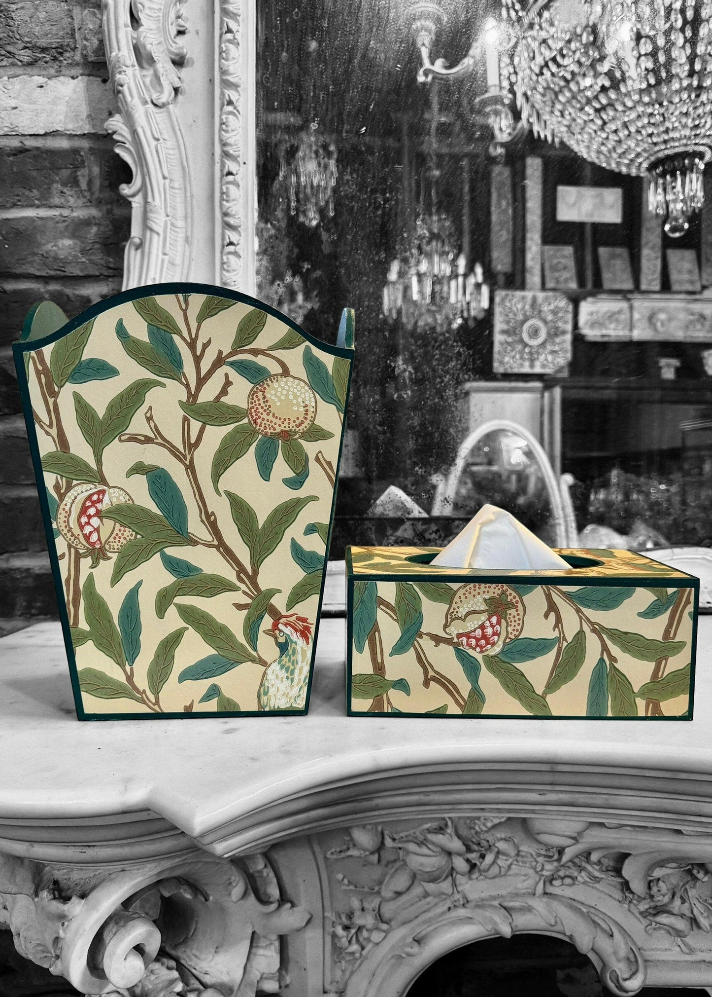 GLOUCESTERSHIRE **LIMITED EDITION** - Waste paper bin & rectangle tissue box - Decoupage in Bird & Pomegranate The Craftsman Wallpaper/Morris & Co in bayleaf/cream colourway..