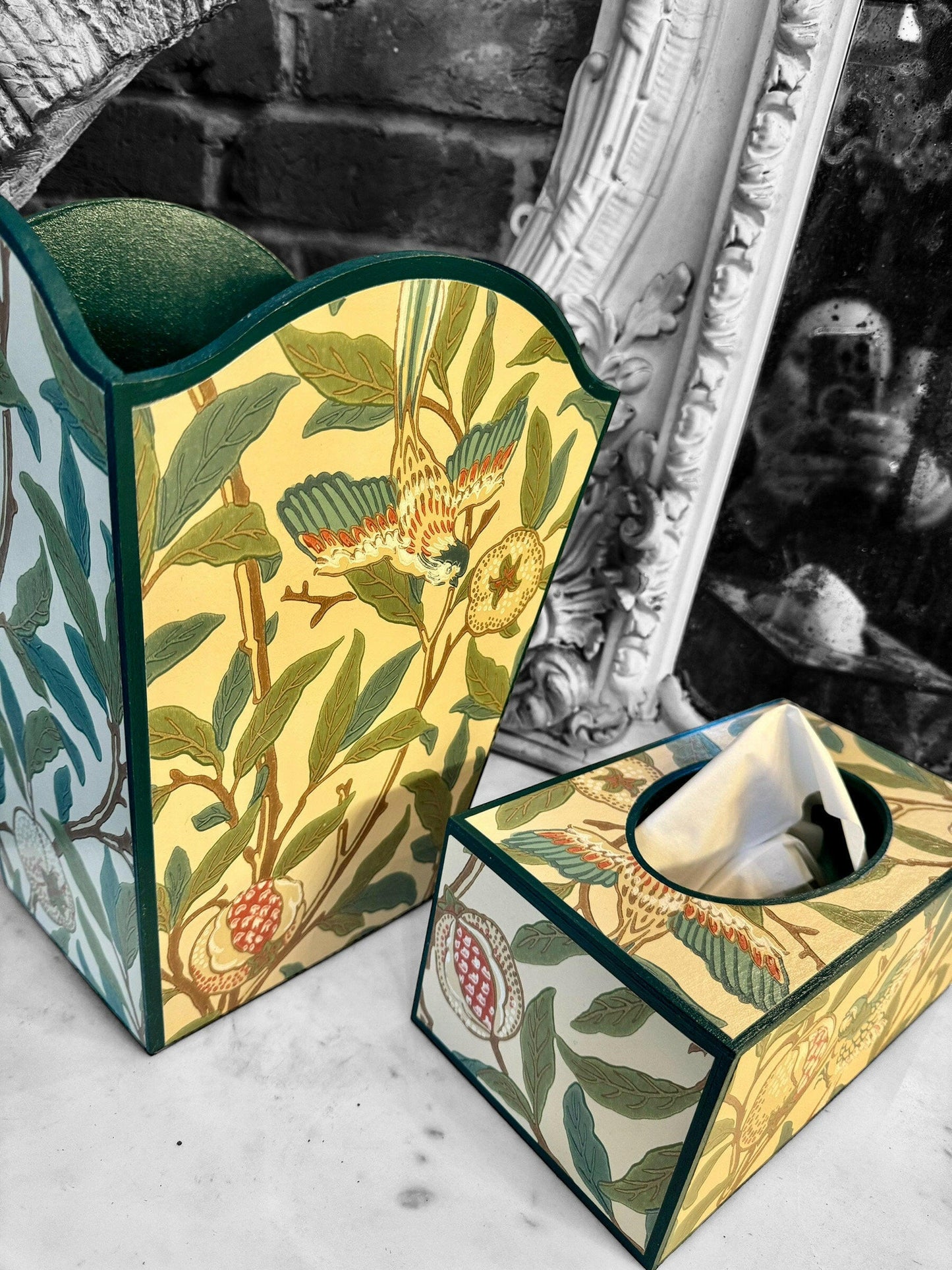 GLOUCESTERSHIRE **LIMITED EDITION** - Waste paper bin & rectangle tissue box - Decoupage in Bird & Pomegranate The Craftsman Wallpaper/Morris & Co in bayleaf/cream colourway..