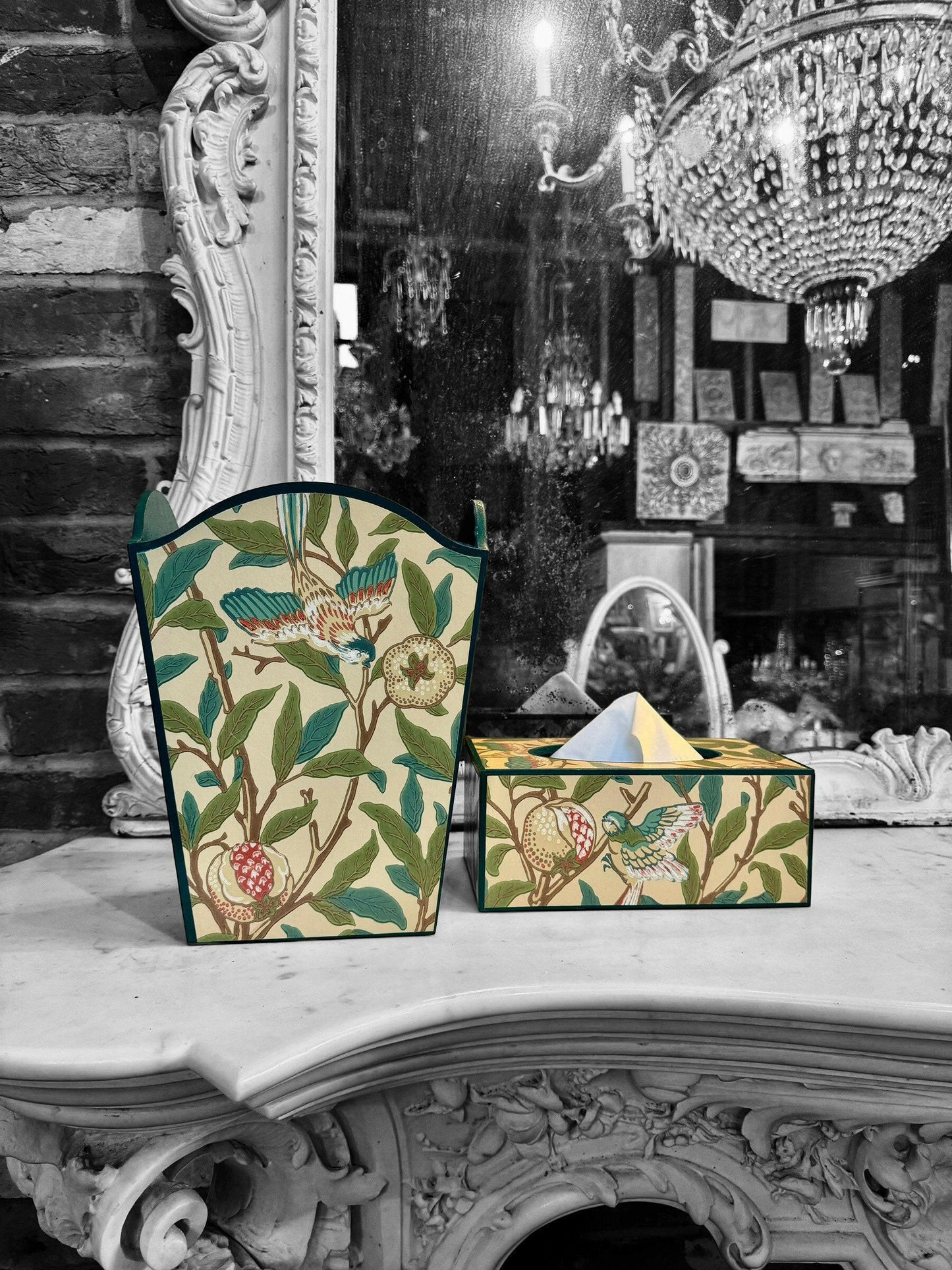 GLOUCESTERSHIRE **LIMITED EDITION** - Waste paper bin & rectangle tissue box - Decoupage in Bird & Pomegranate The Craftsman Wallpaper/Morris & Co in bayleaf/cream colourway..