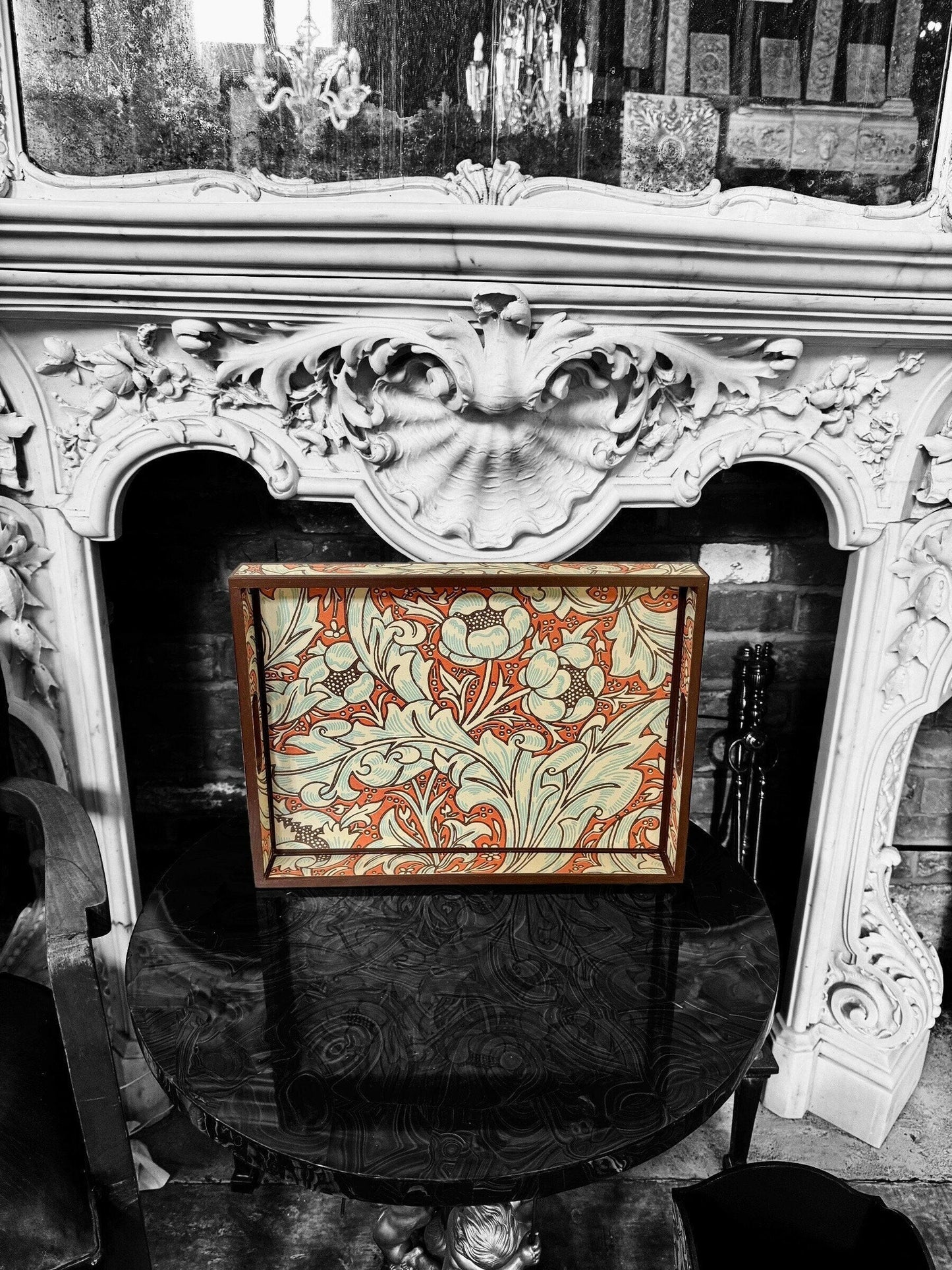 CLERKENWELL **LIMITED EDITION** Medium tray - Decoupaged in Batchelor's Button/Morris &Co - colourway burnt orange/sky..