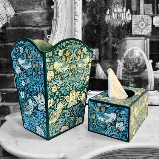 KELMSOTT TEAL - Waste paper basket & rectangle tissue box cover - Decoupage in Strawberry Thief/Clarke & Clarke in teal colourway..