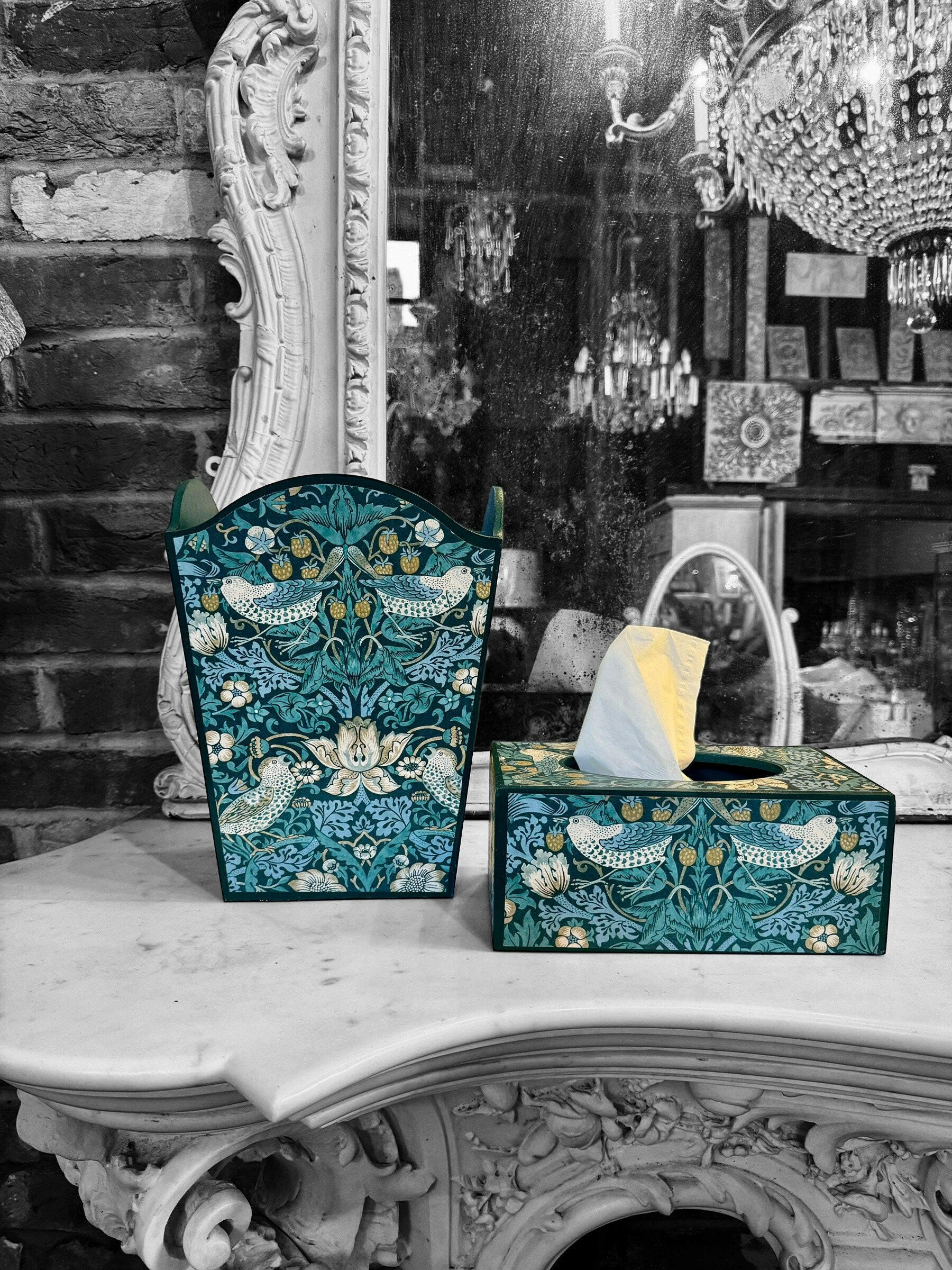 KELMSOTT TEAL - Waste paper basket & rectangle tissue box cover - Decoupage in Strawberry Thief/Clarke & Clarke in teal colourway..