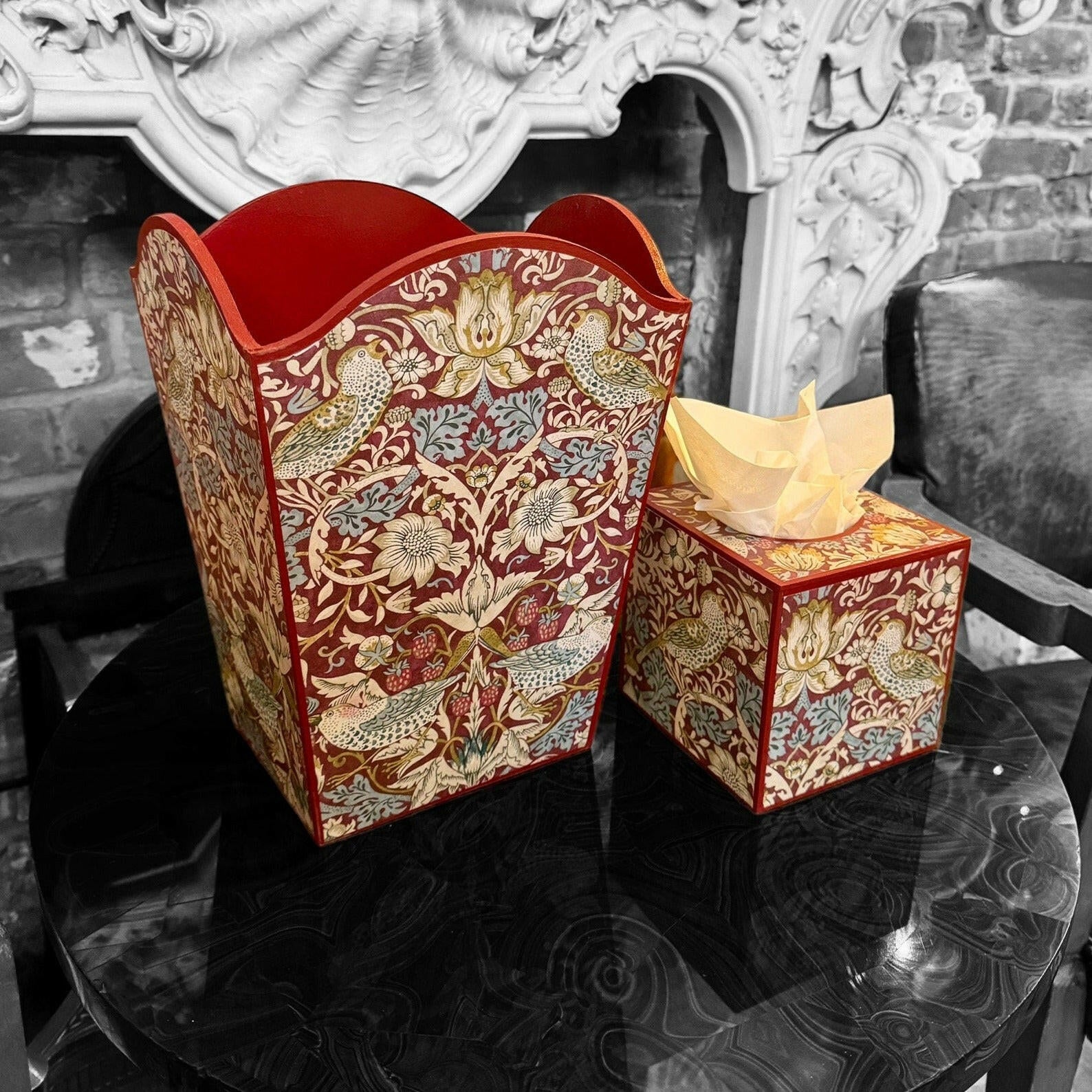 KELMSCOTT PLUM - Waste paper bin & square tissue box cover - Decoupage in Strawberry Thief/Clarke & Clarke in plum colourway..