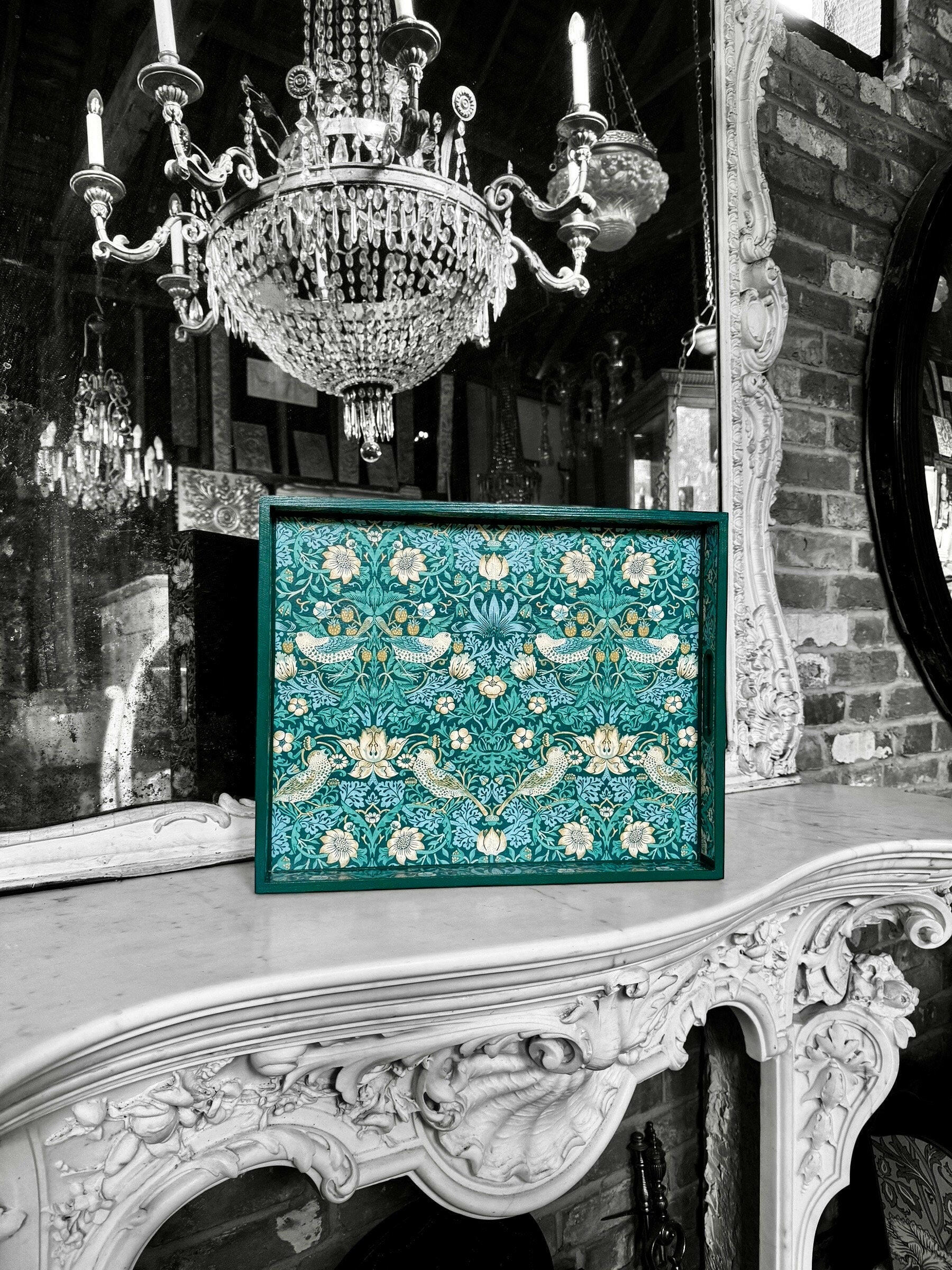 KELMSCOTT TEAL - Tray in 4 x sizes - Decoupage in Strawberry Thief/Clarke & Clarke in teal colourway..