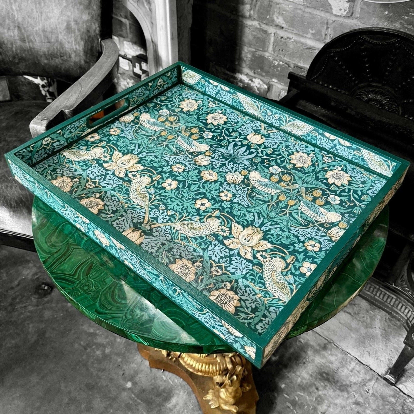 KELMSCOTT TEAL - Tray in 4 x sizes - Decoupage in Strawberry Thief/Clarke & Clarke in teal colourway..