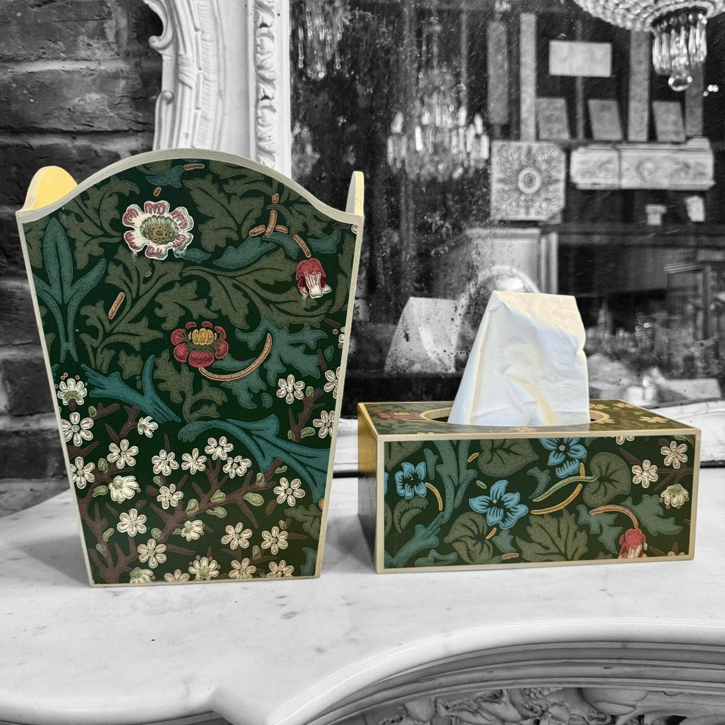 MARYLEBONE - Waste paper bin & rectangle tissue box cover - Decoupage in Blackthorn Archive/Morris&Co in green/red colourway..