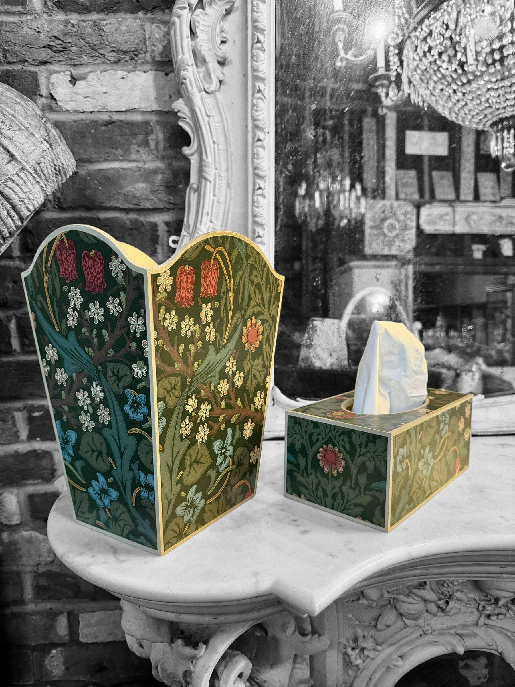 MARYLEBONE - Waste paper bin & rectangle tissue box cover - Decoupage in Blackthorn Archive/Morris&Co in green/red colourway..