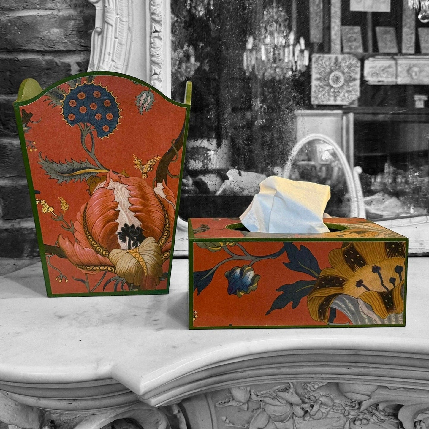 SHOREDITCH **LIMITED EDITION** Waste paper bin & rectangle or square tissue box - Decoupage in Artemis/House of Hackney in Sienna colourway.