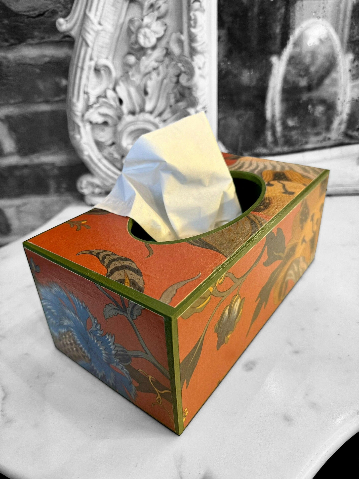 SHOREDITCH **LIMITED EDITION** Waste paper bin & rectangle or square tissue box - Decoupage in Artemis/House of Hackney in Sienna colourway.