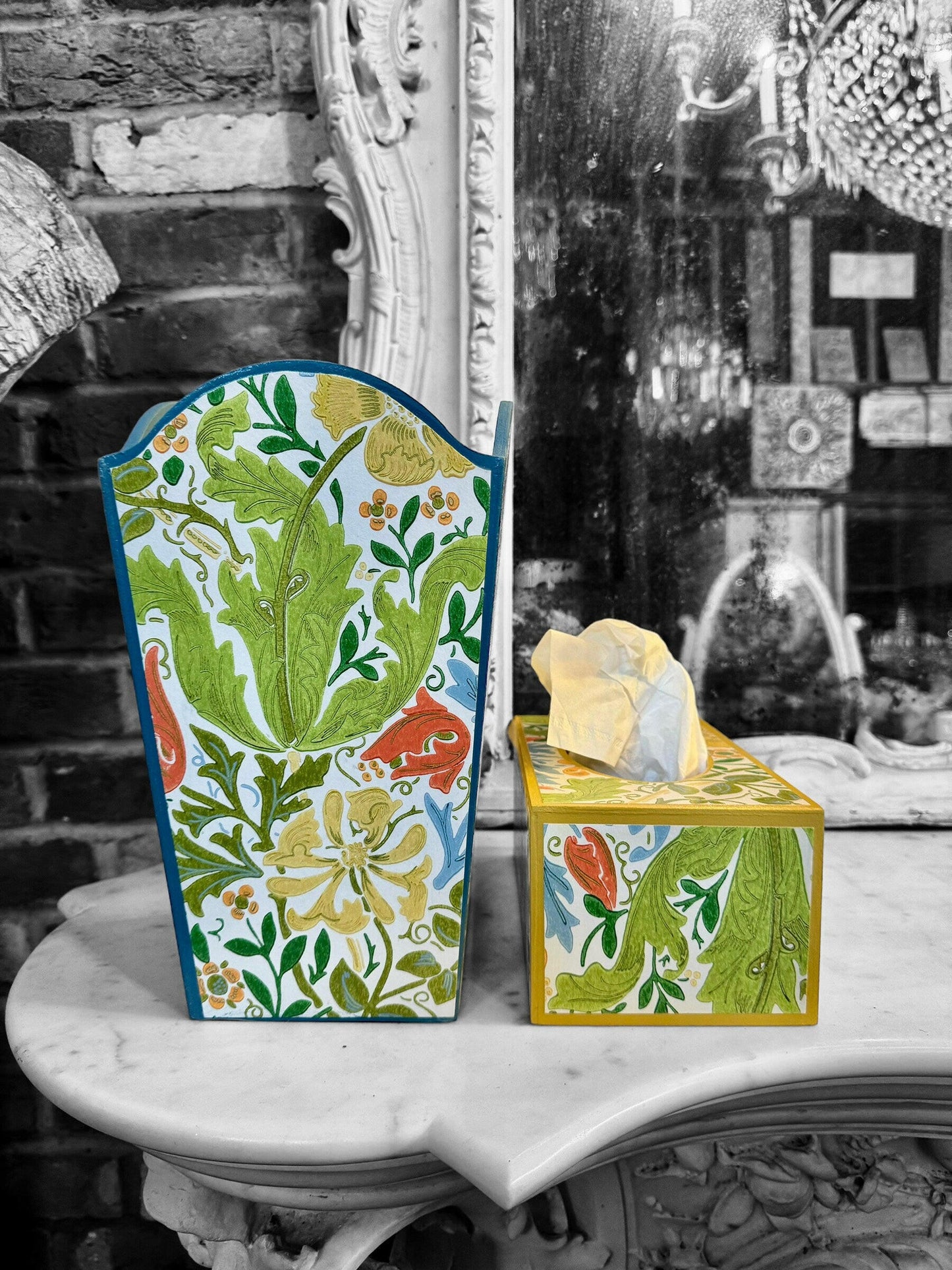 HAMPTON **LIMITED EDITION** Waste paper bin & tissue box cover - Decoupage Compton Spring/Cornubia/Ben Pentreath/Morris & Co.