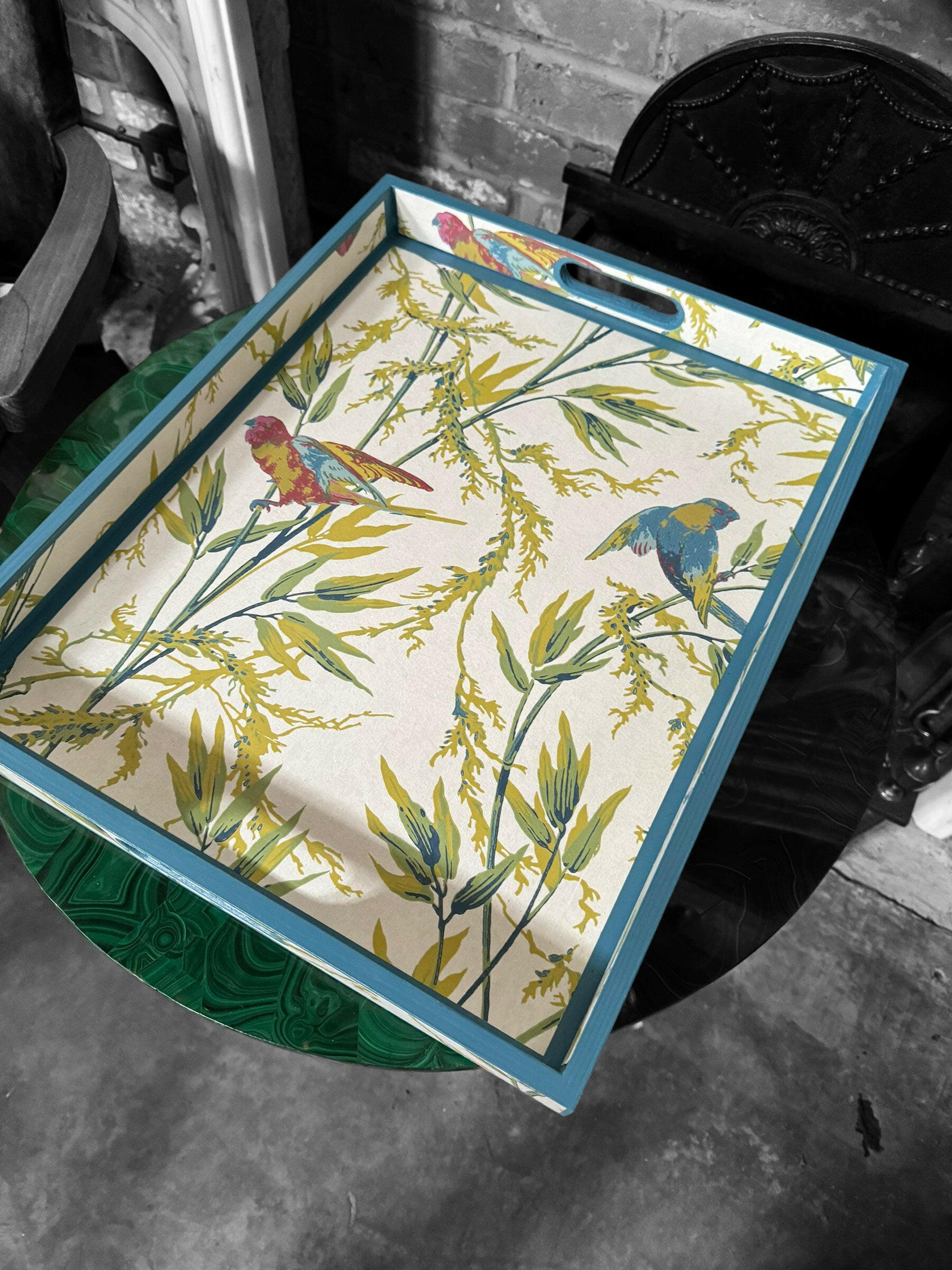 BLOOMSBURY tray in 4 sizes - Decoupage in Great Ormond St/Little Green in tropical colourway.