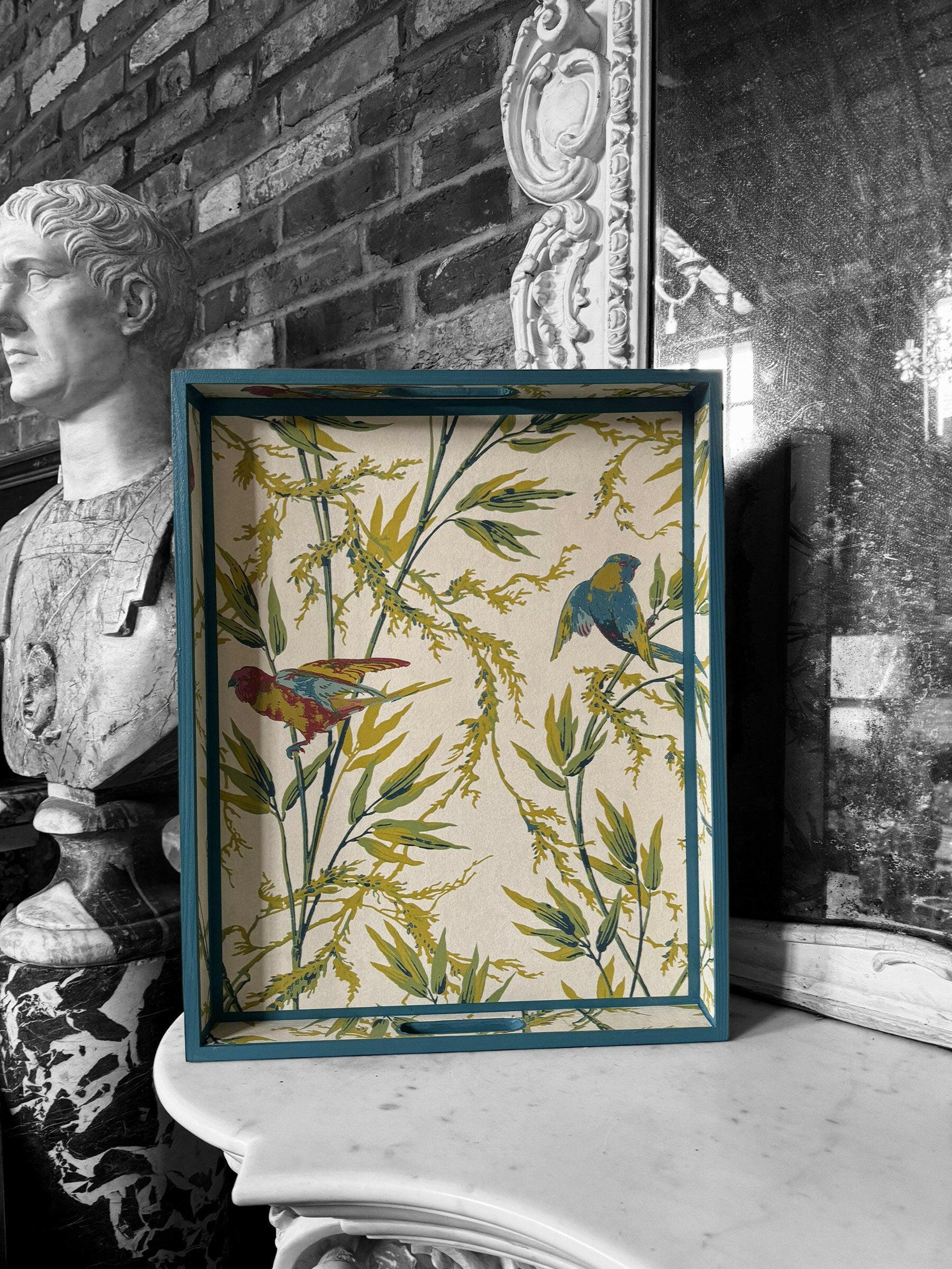 BLOOMSBURY tray in 4 sizes - Decoupage in Great Ormond St/Little Green in tropical colourway.