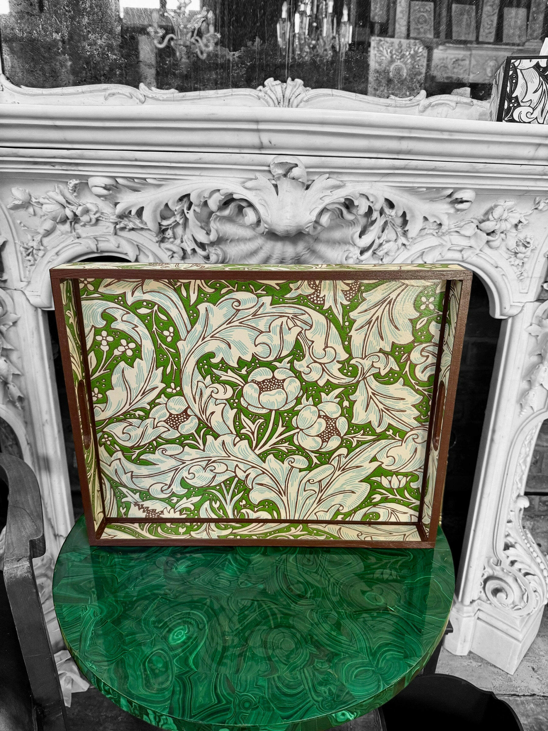 CLERKENWELL **LIMITED EDITION** tray 2 x sizes available - Decoupaged in Batchelor's Button/Morris &Co - colourway leaf green/sky..