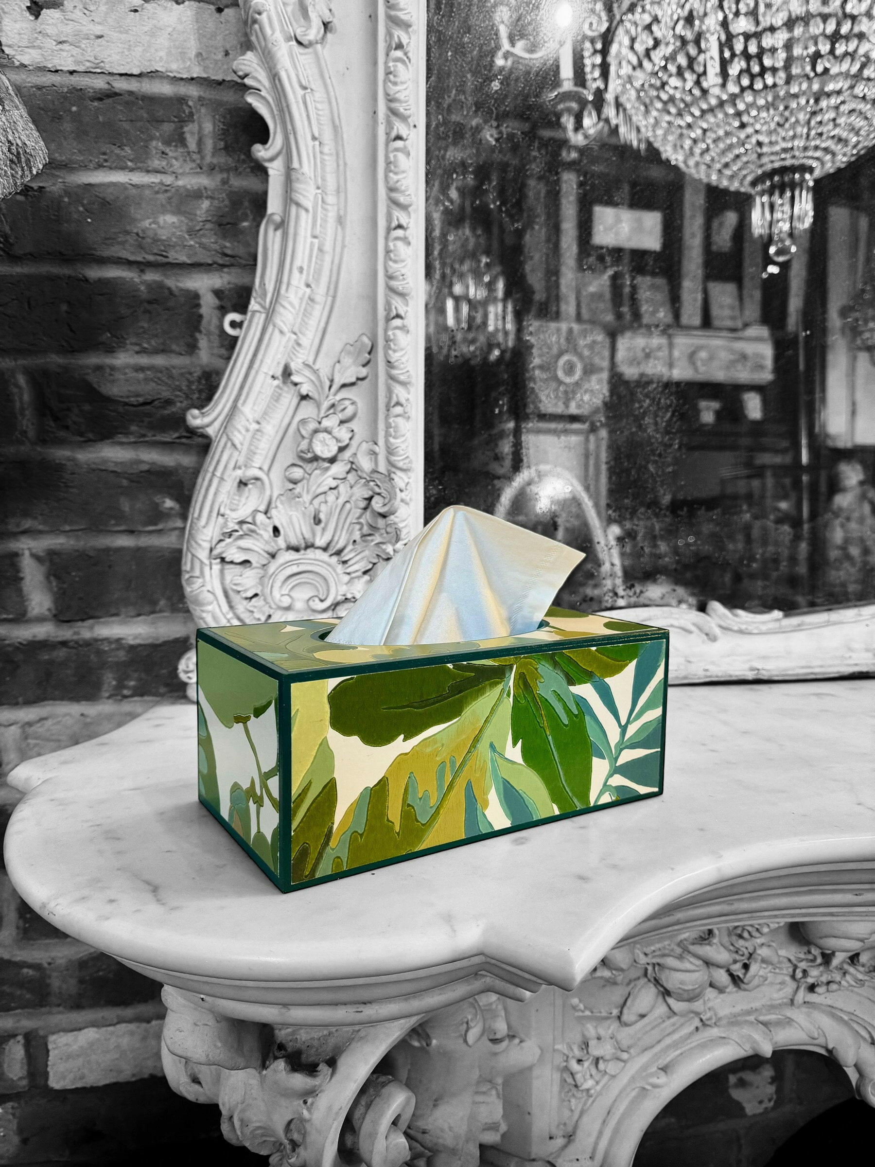 KENT - waste paper bin & rectangle tissue box cover - Robin's Wood/Sanderson botanical in green colourway..