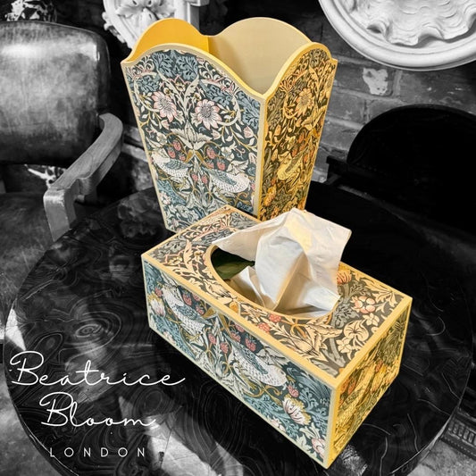 Kelmscott Waste paper bin, waste paper basket, rectangle tissue box cover tissue box - Decoupage in Slate Strawberry Thief William Morris